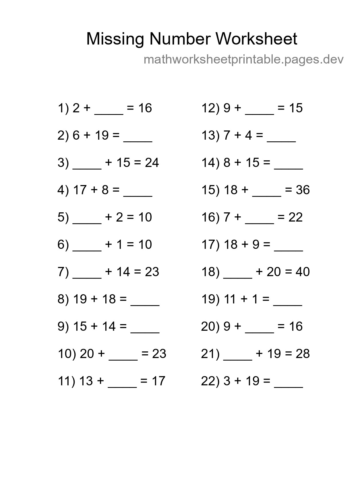 Missing Number Math Worksheet