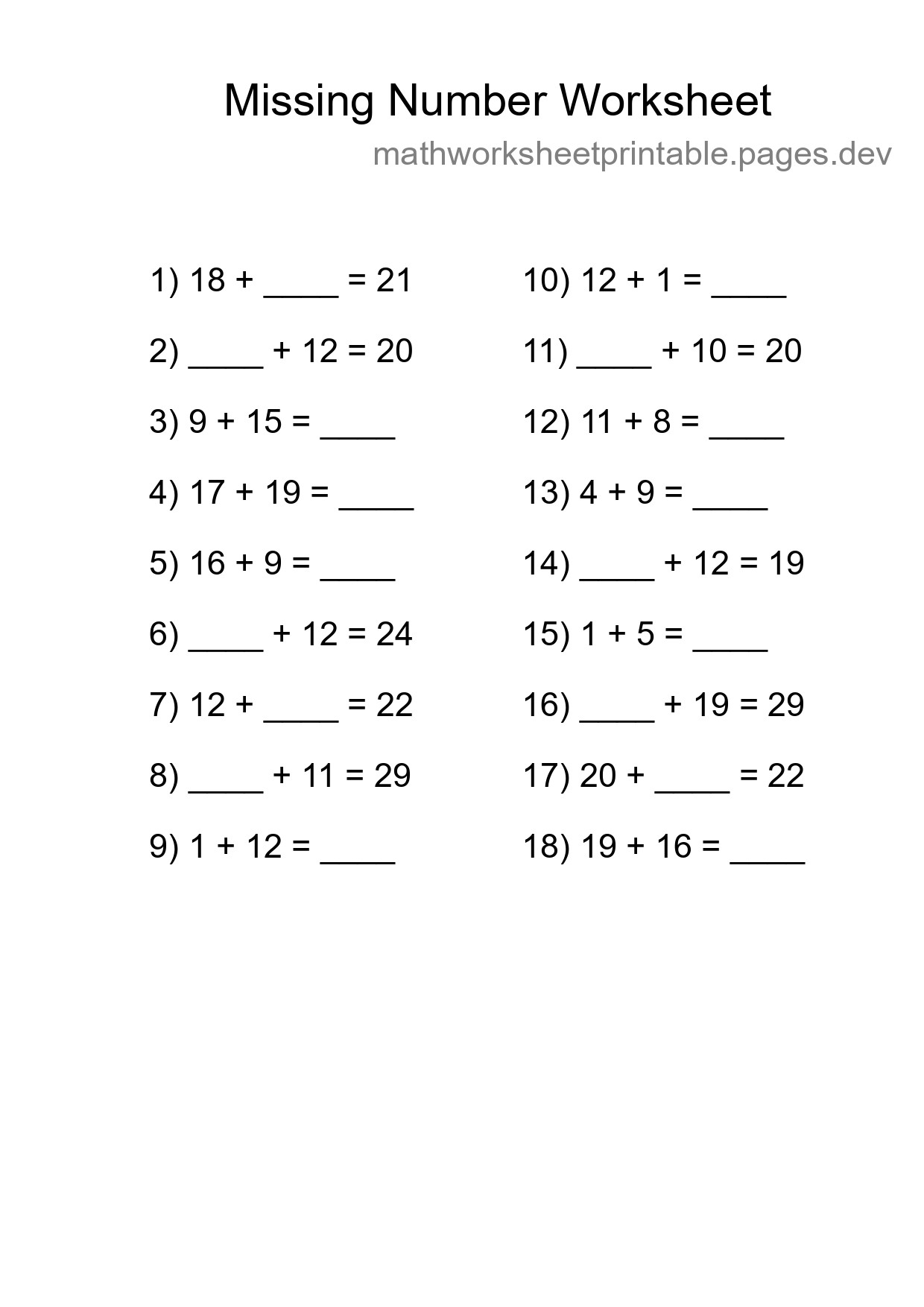 Missing Number Math Worksheet