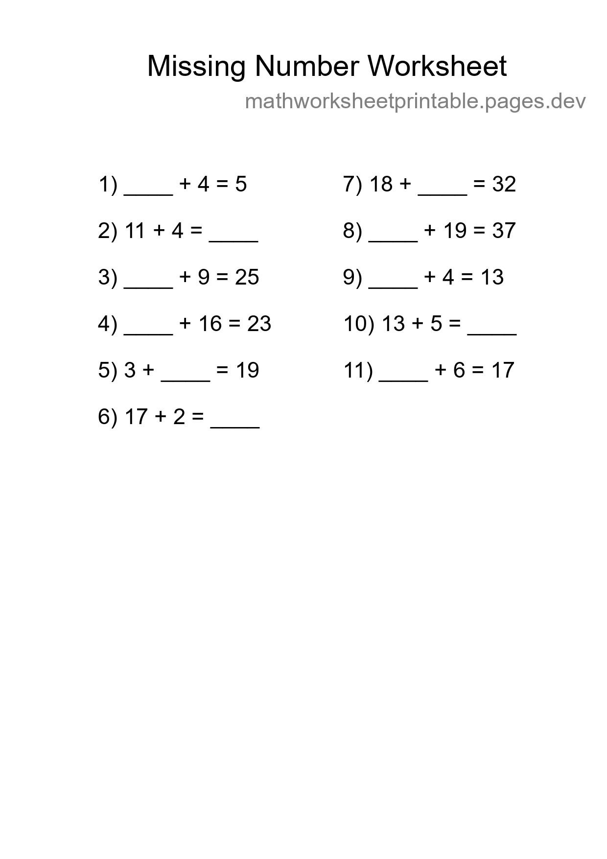 Missing Number Math Worksheet