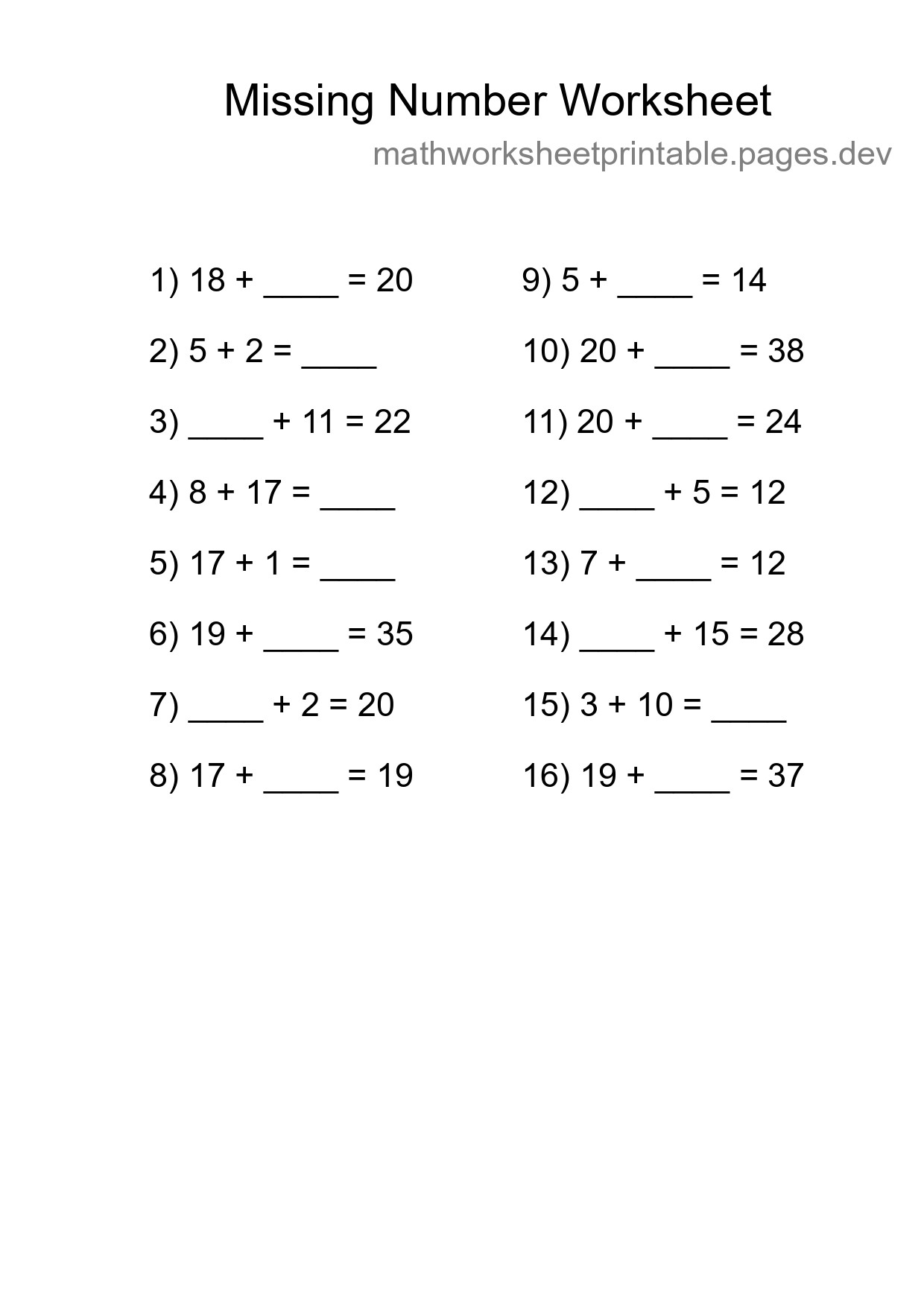 Missing Number Math Worksheet