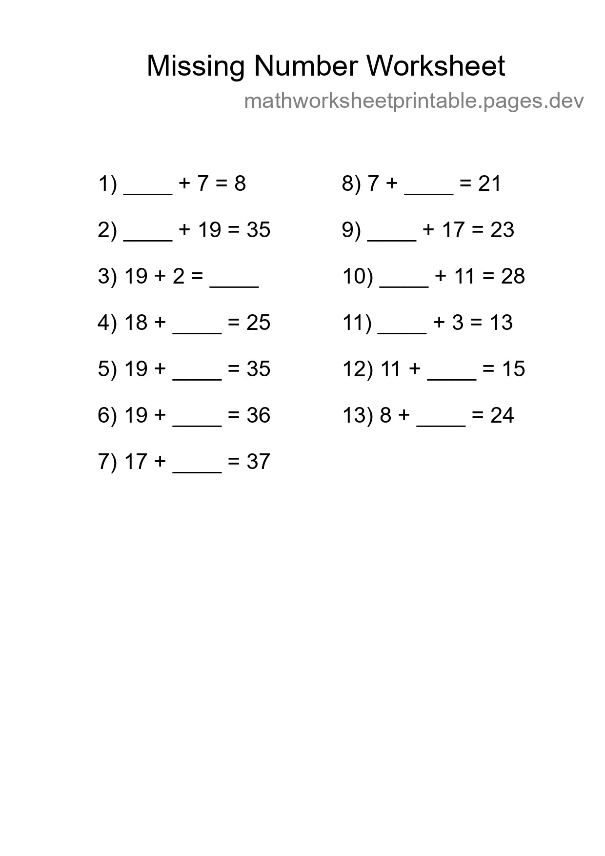 Missing Number Math Worksheet