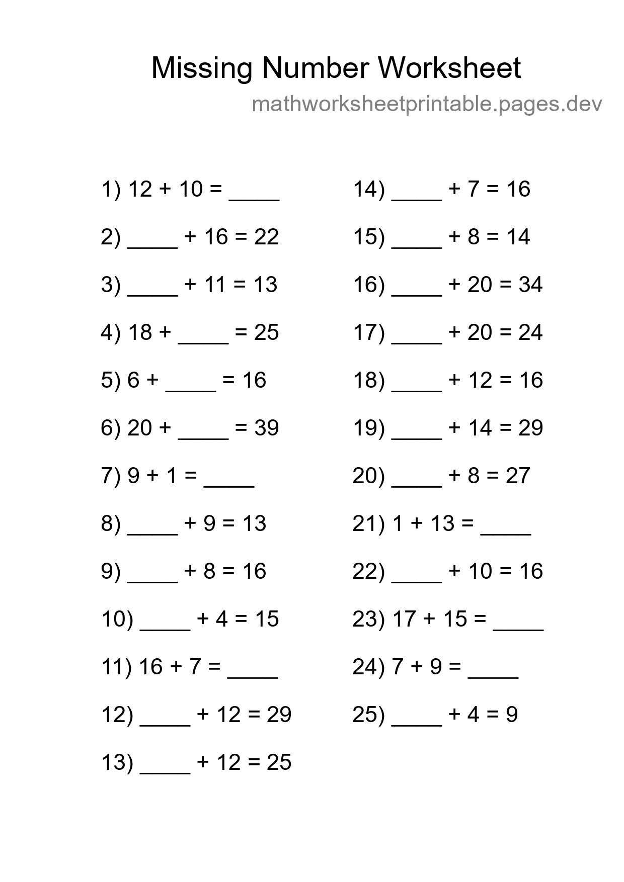 Missing Number Math Worksheet