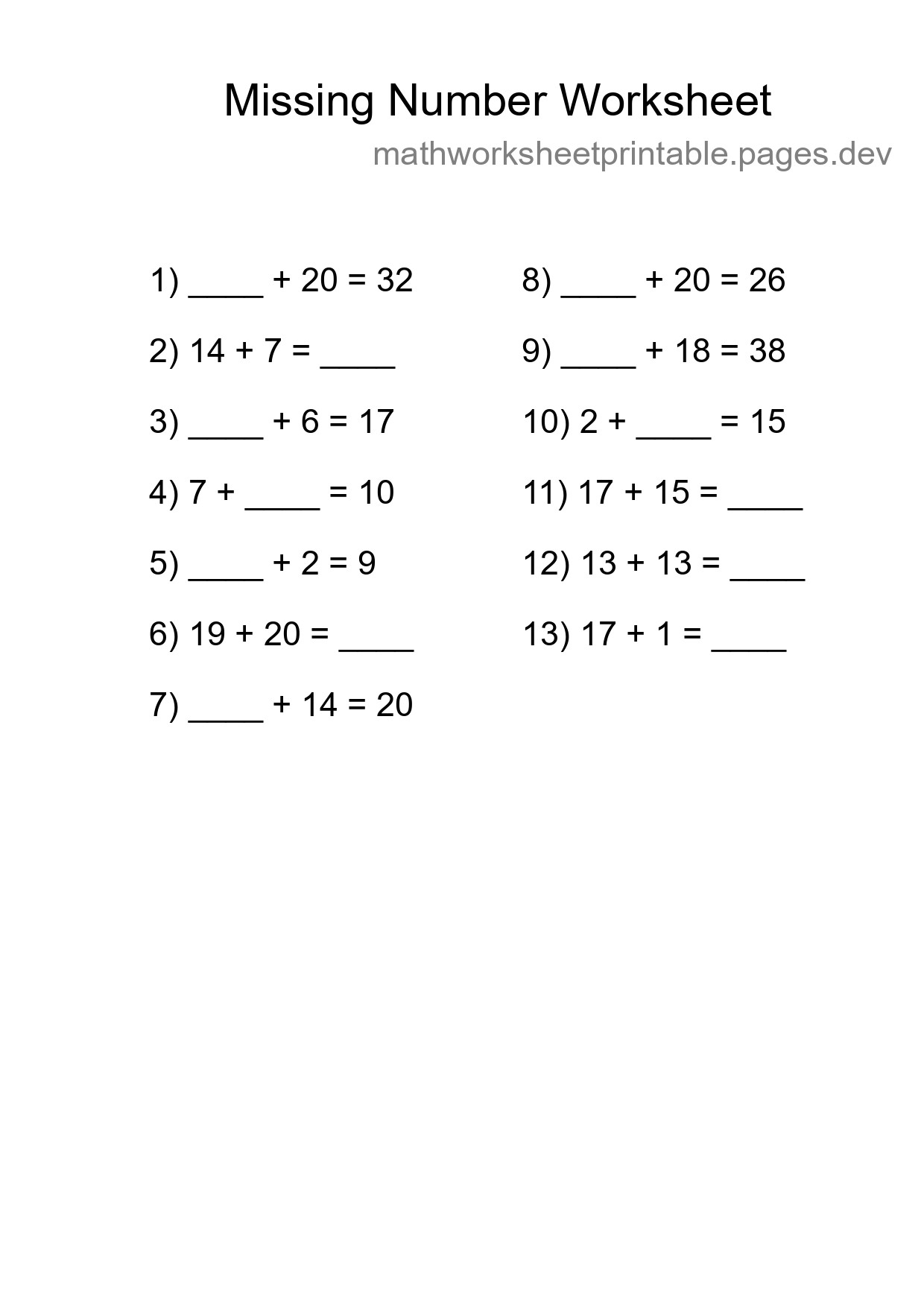 Missing Number Math Worksheet