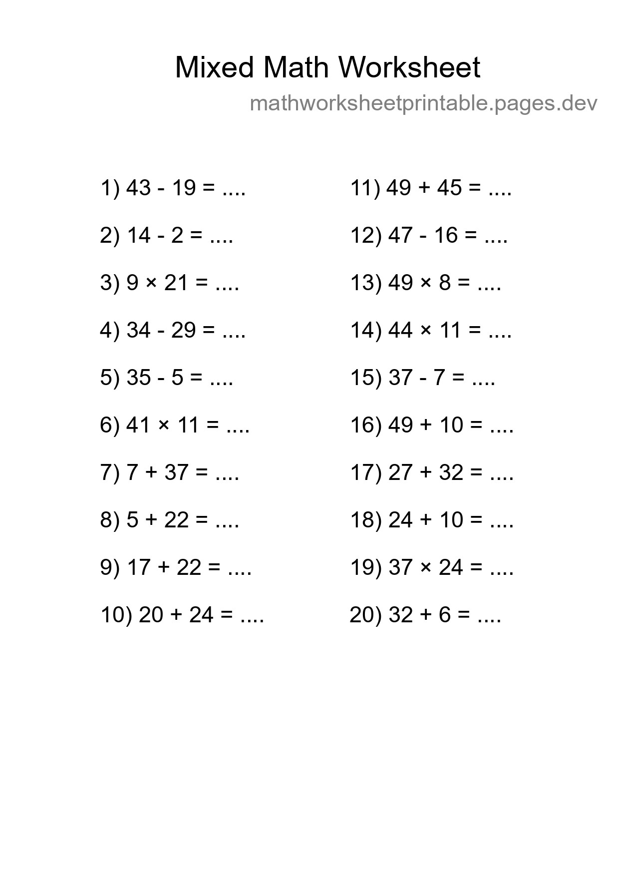 Mixed Operations Math Worksheet