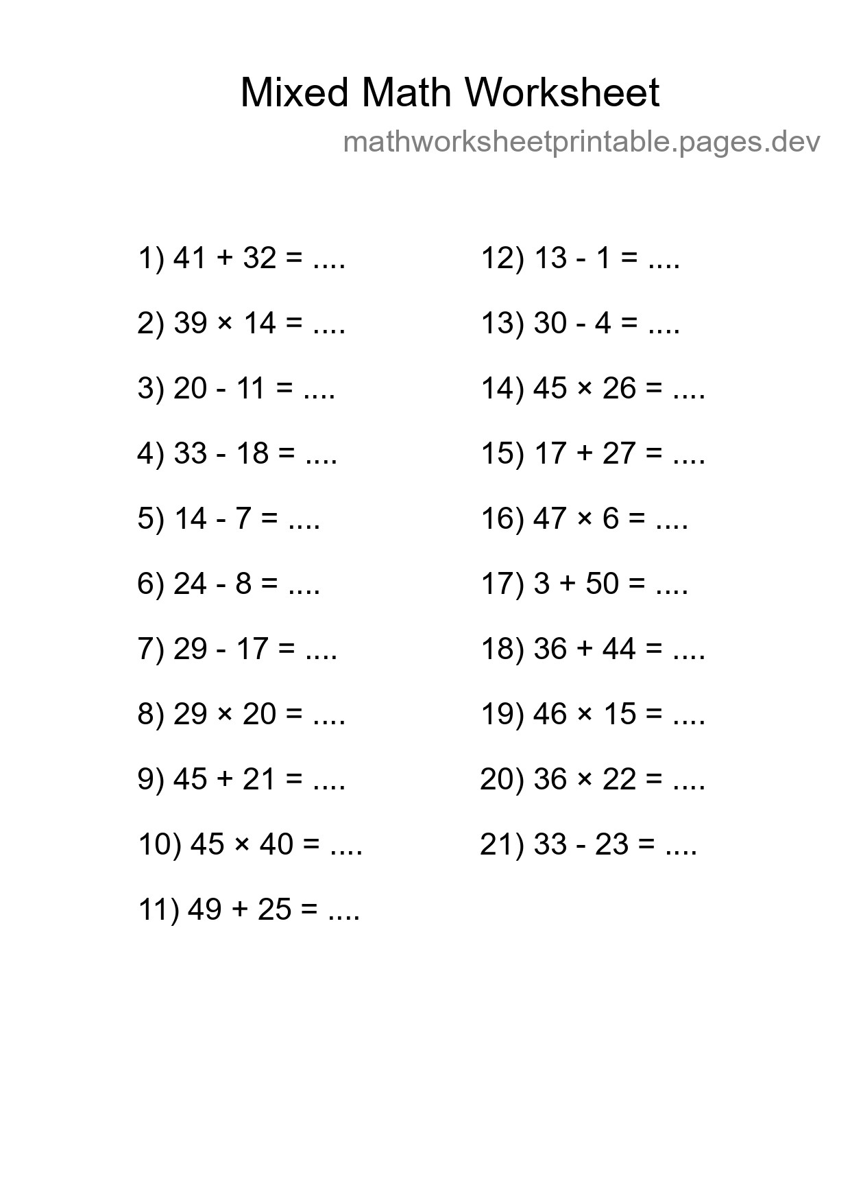 Mixed Operations Math Worksheet