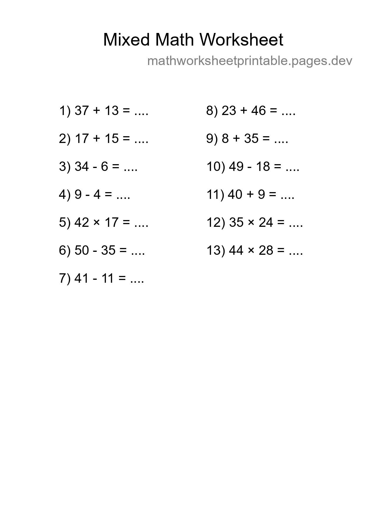 Mixed Operations Math Worksheet