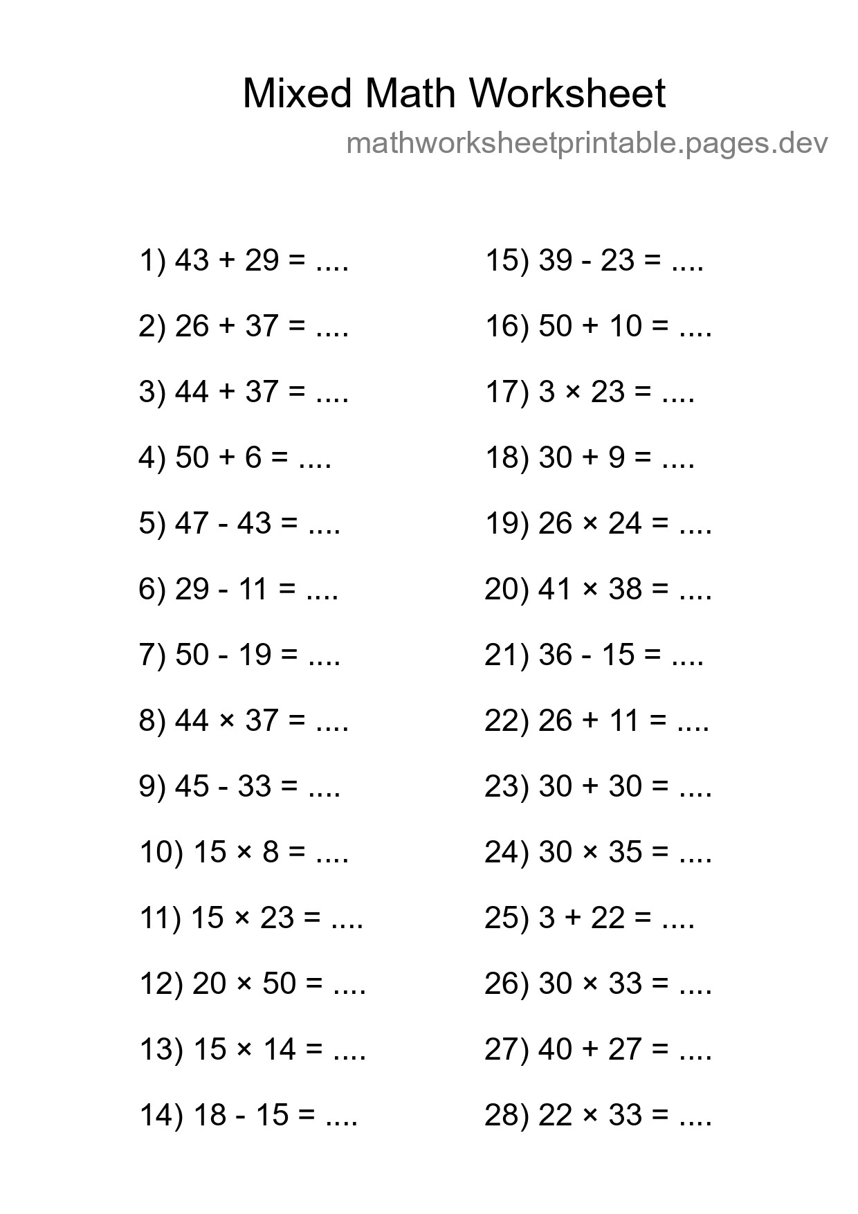 Mixed Operations Math Worksheet