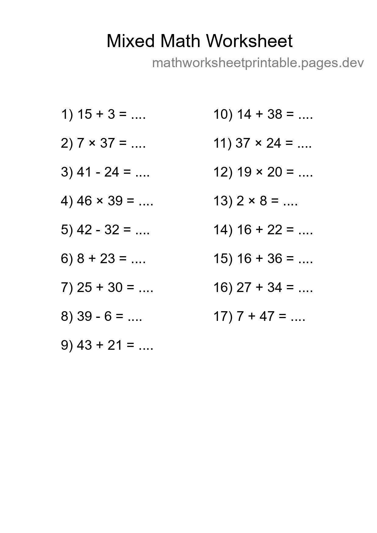 Mixed Operations Math Worksheet