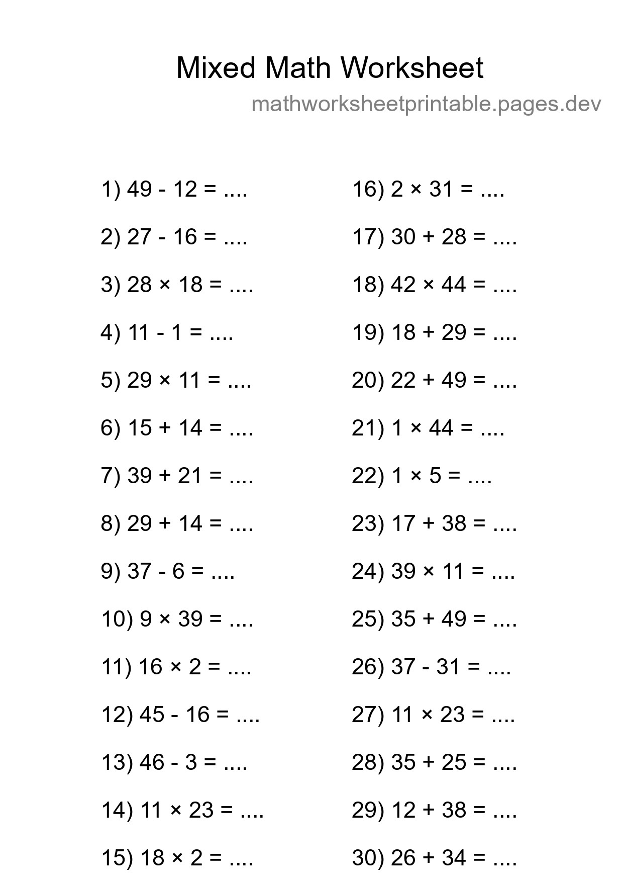 Mixed Operations Math Worksheet
