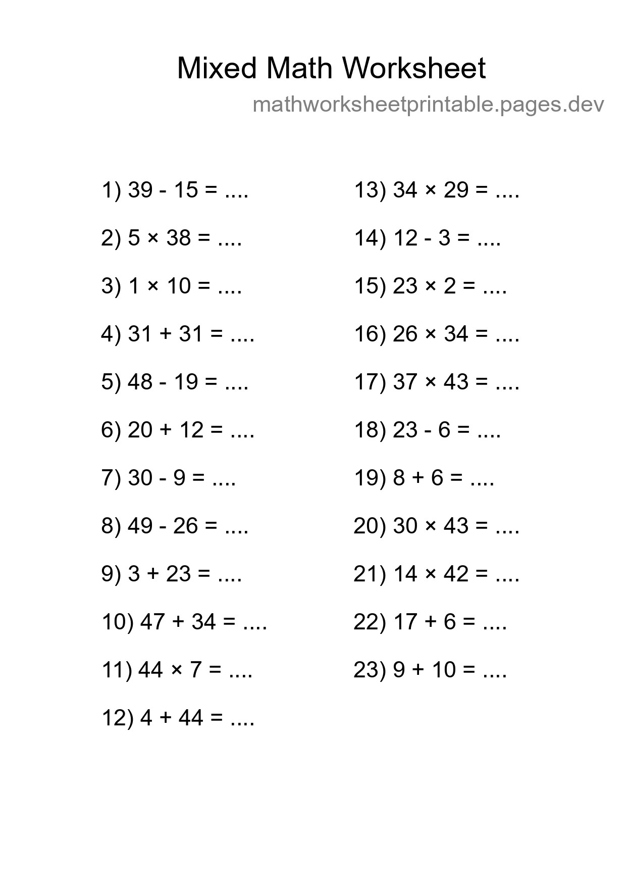 Mixed Operations Math Worksheet