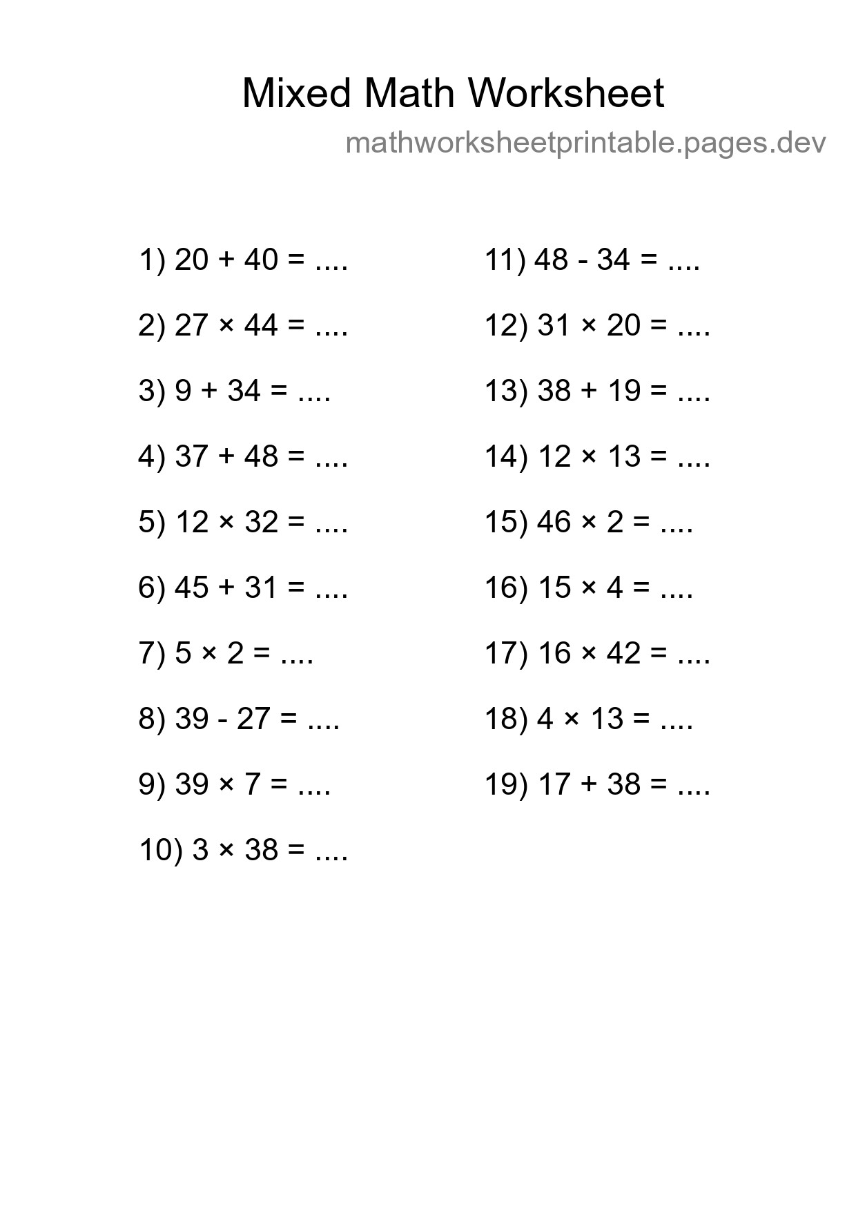 Mixed Operations Math Worksheet