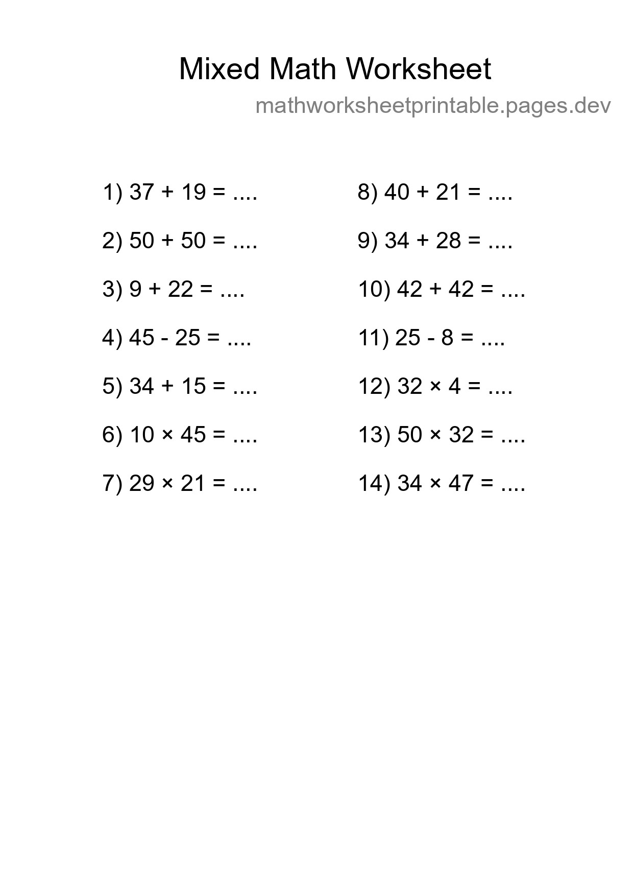 Mixed Operations Math Worksheet