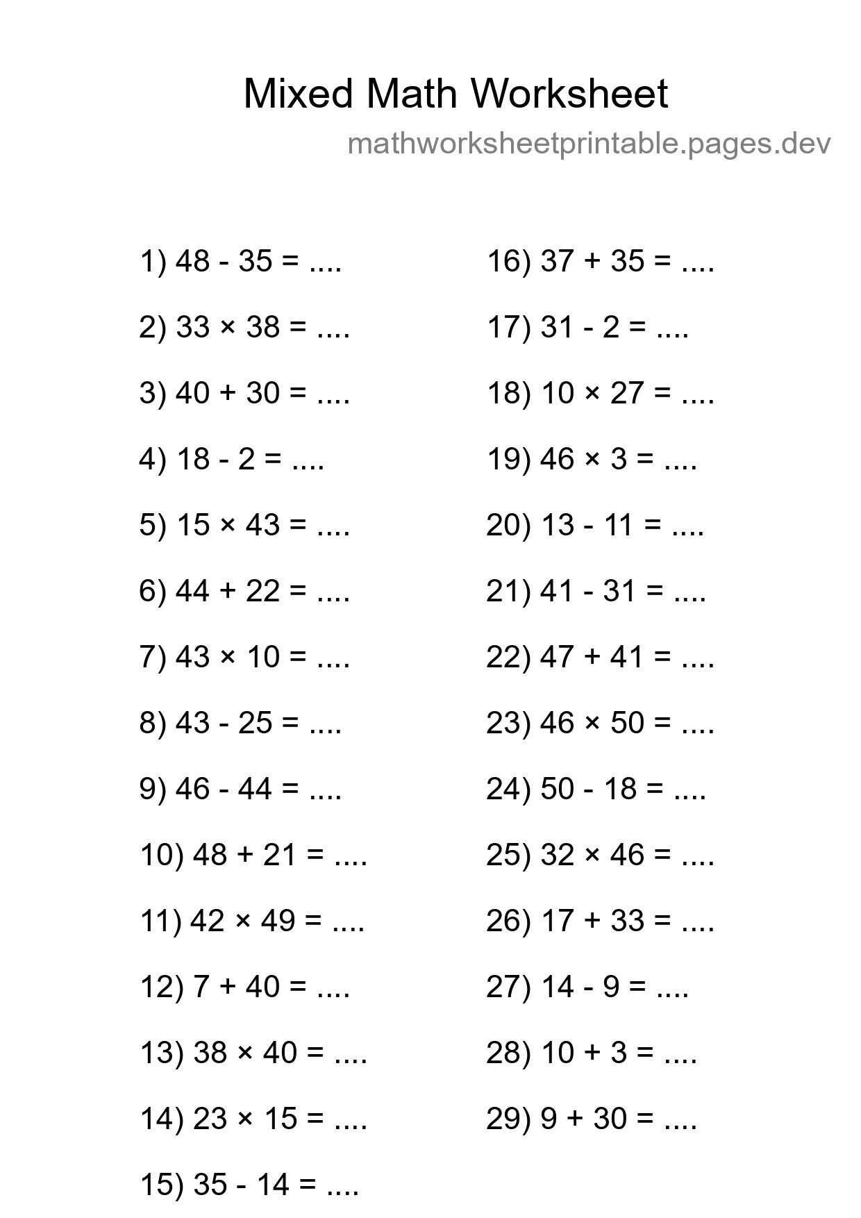 Mixed Operations Math Worksheet