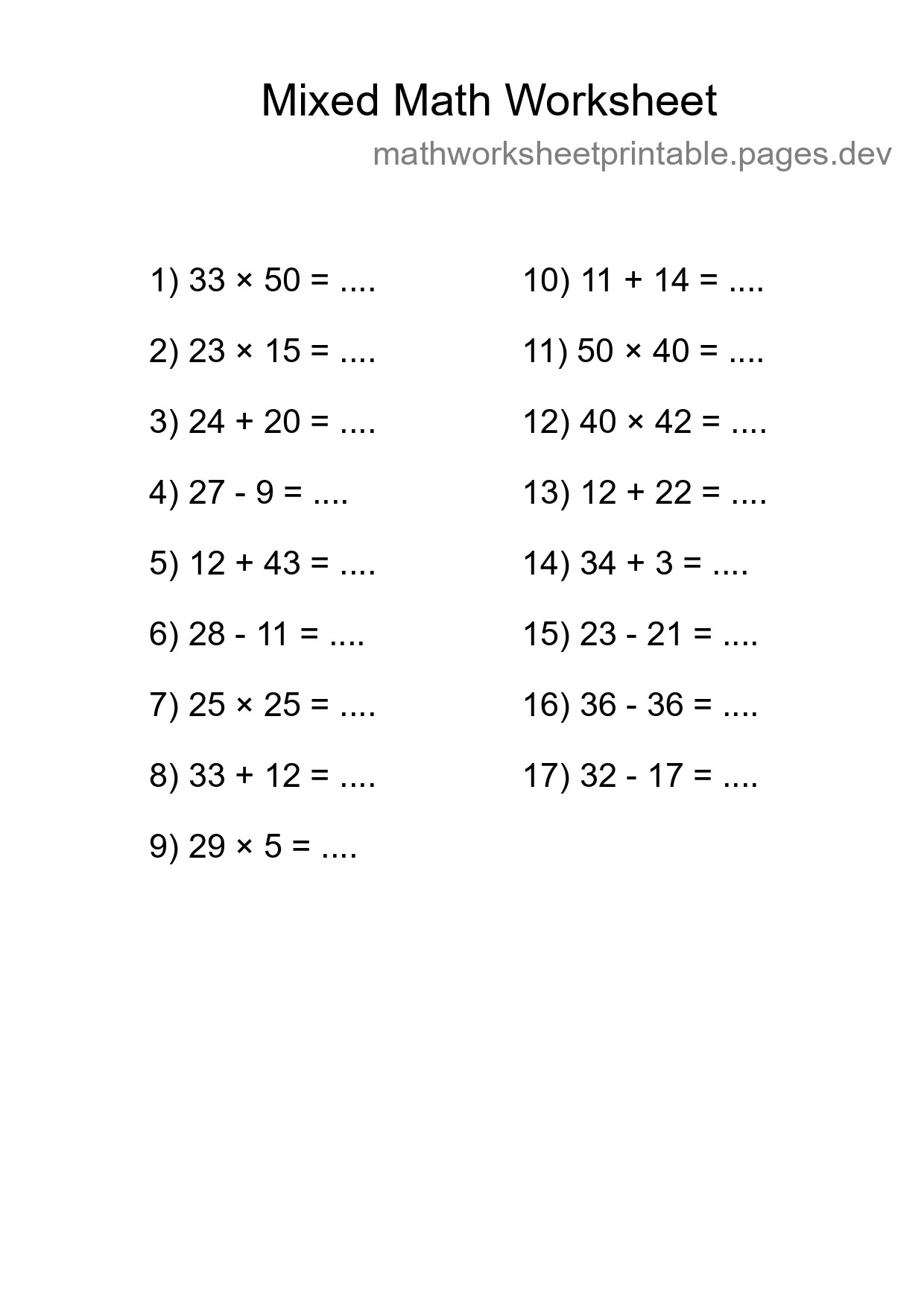 Mixed Operations Math Worksheet