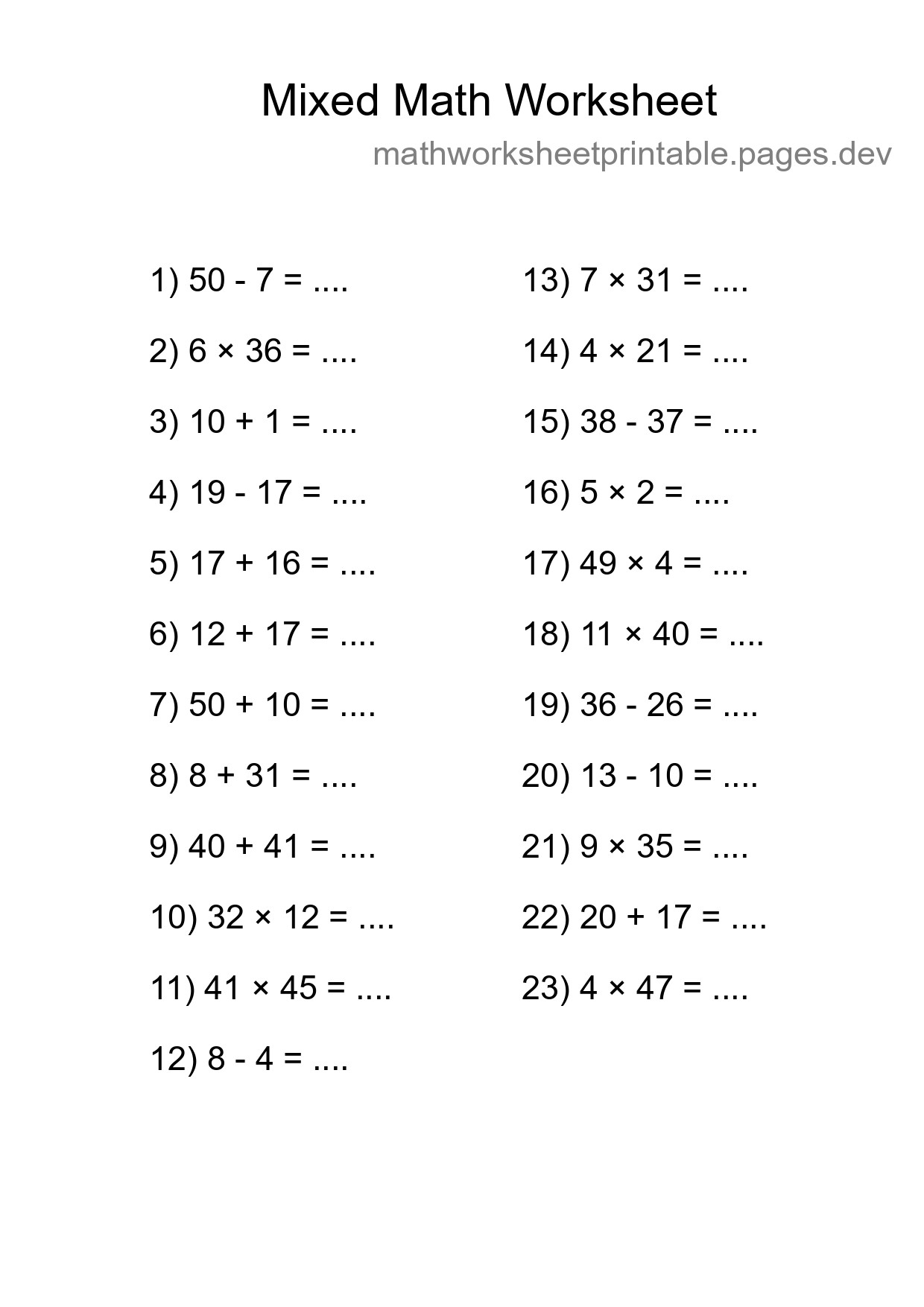 Mixed Operations Math Worksheet