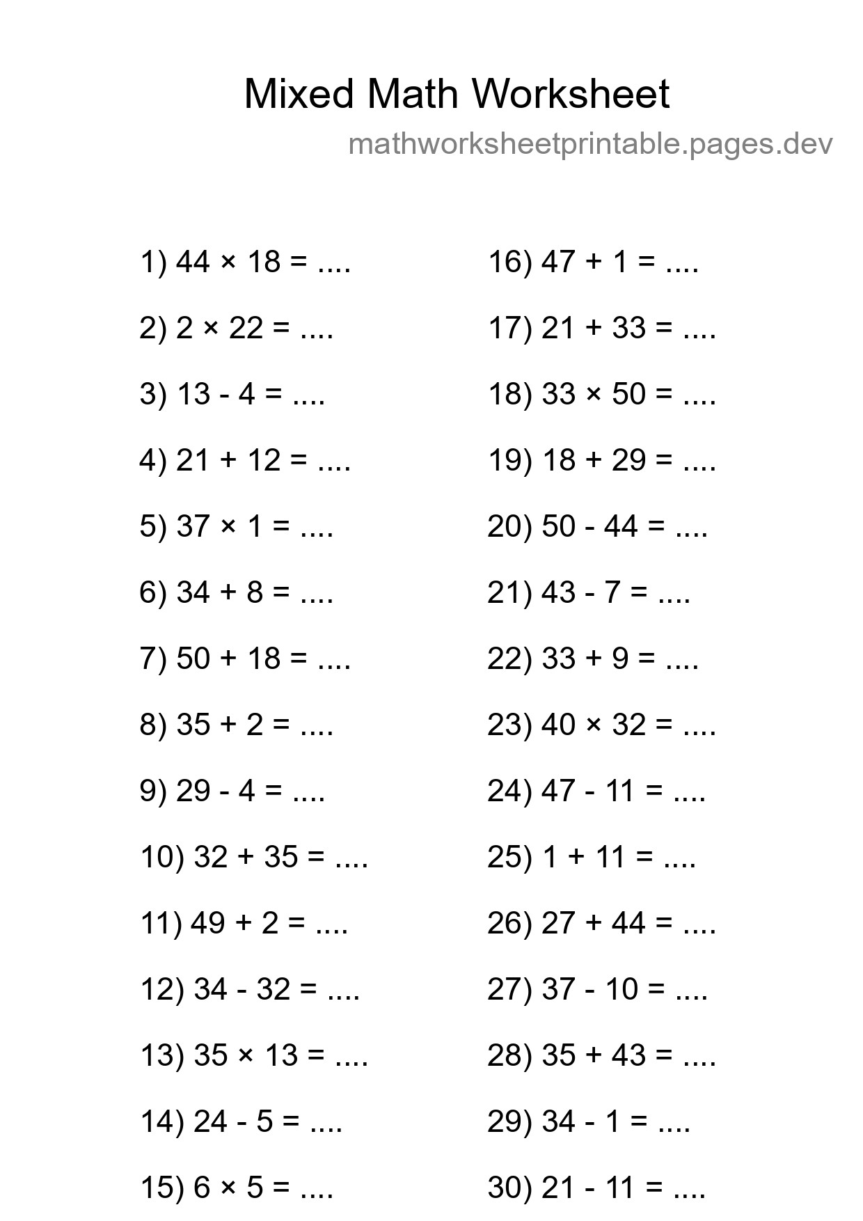 Mixed Operations Math Worksheet