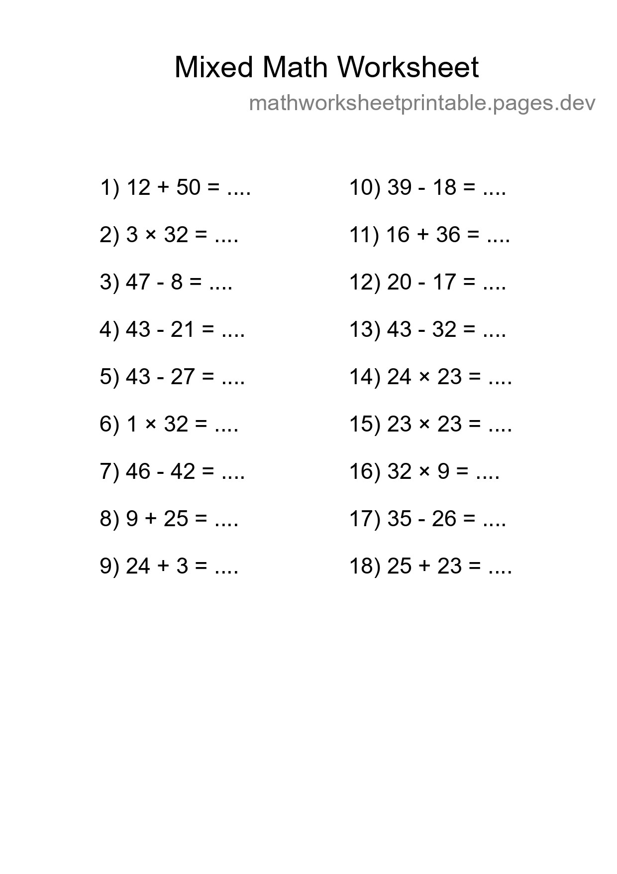 Mixed Operations Math Worksheet