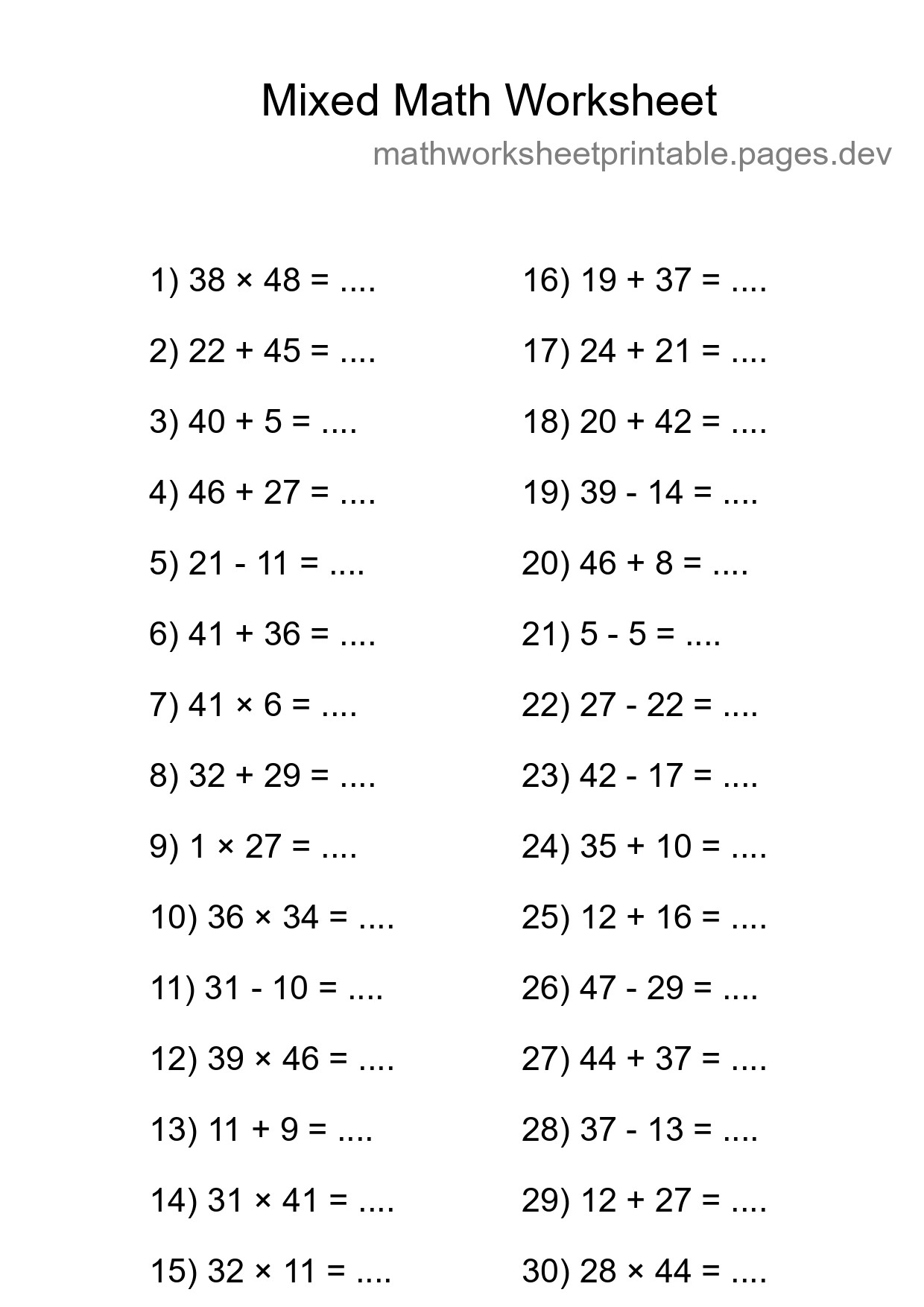 Mixed Operations Math Worksheet