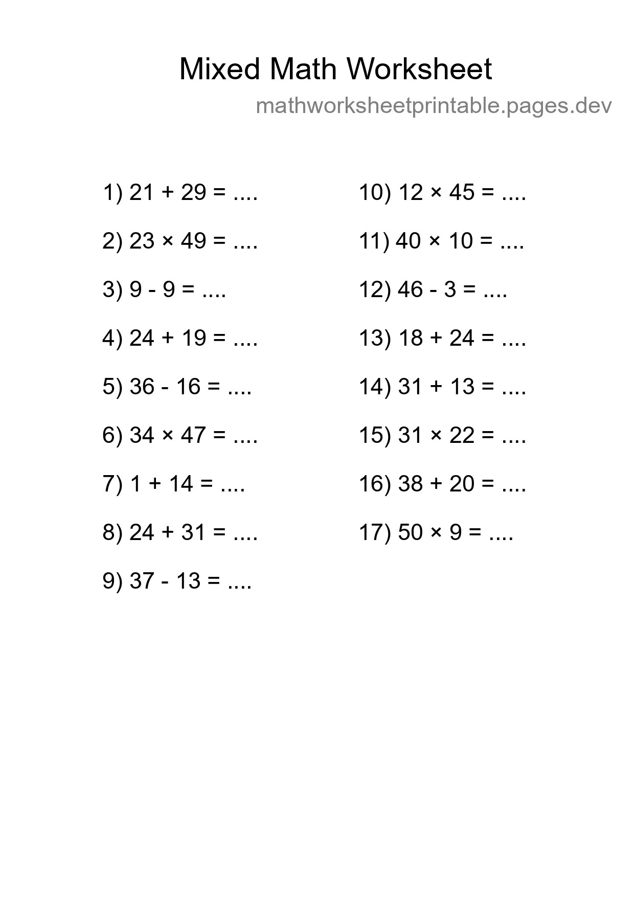 Mixed Operations Math Worksheet