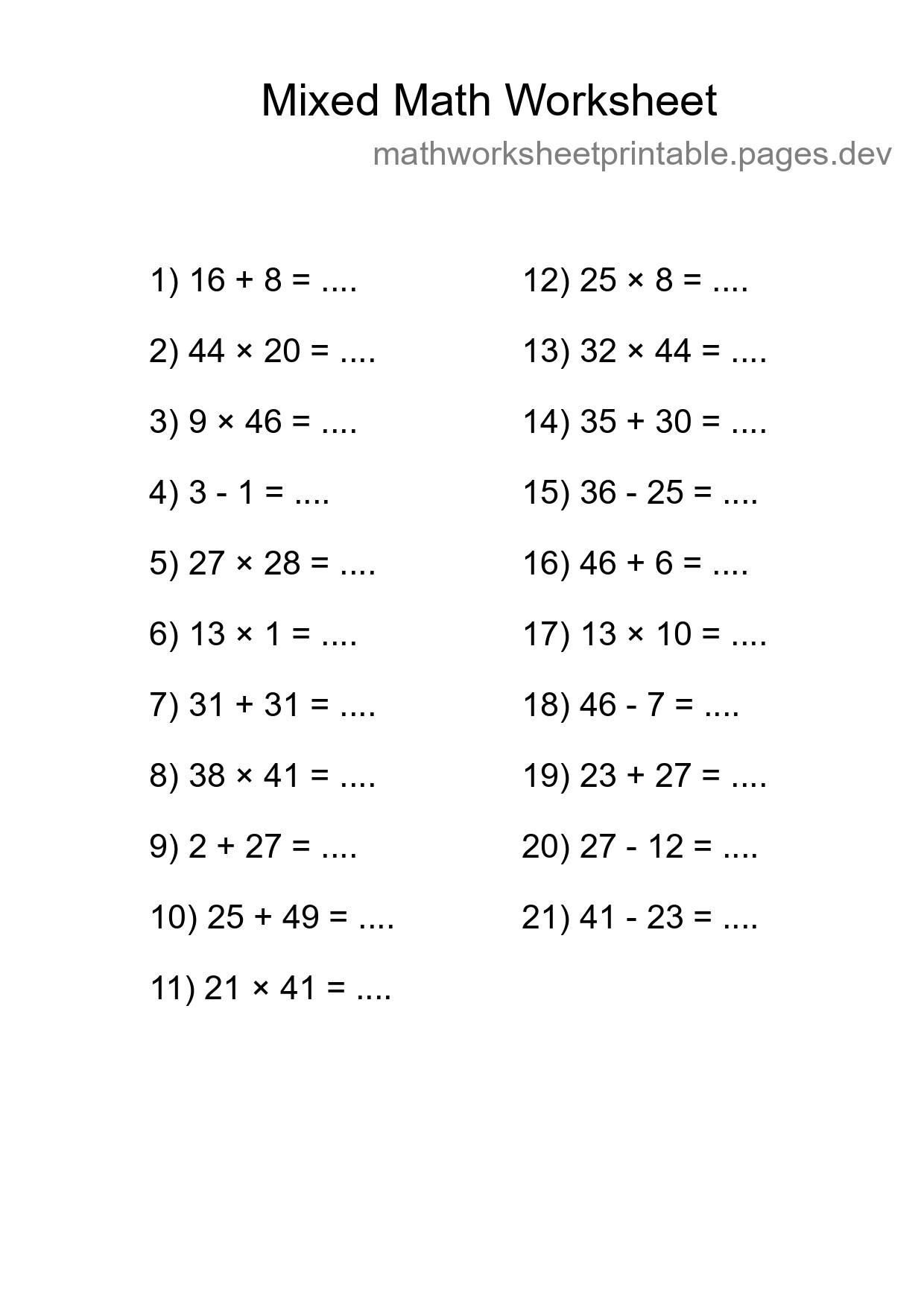 Mixed Operations Math Worksheet