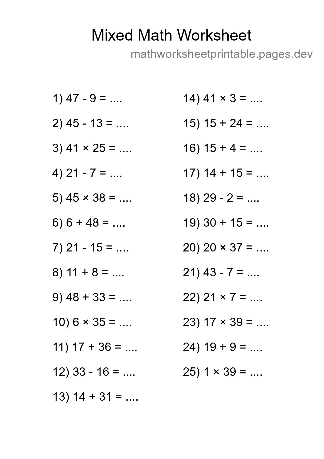 Mixed Operations Math Worksheet