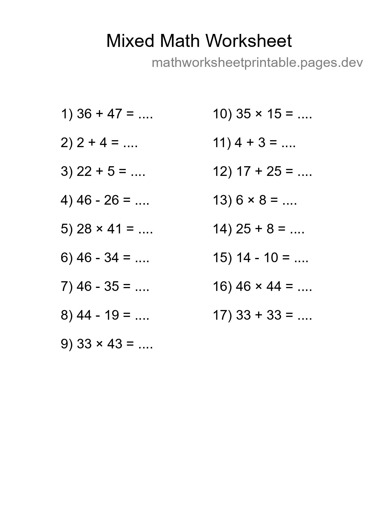 Mixed Operations Math Worksheet