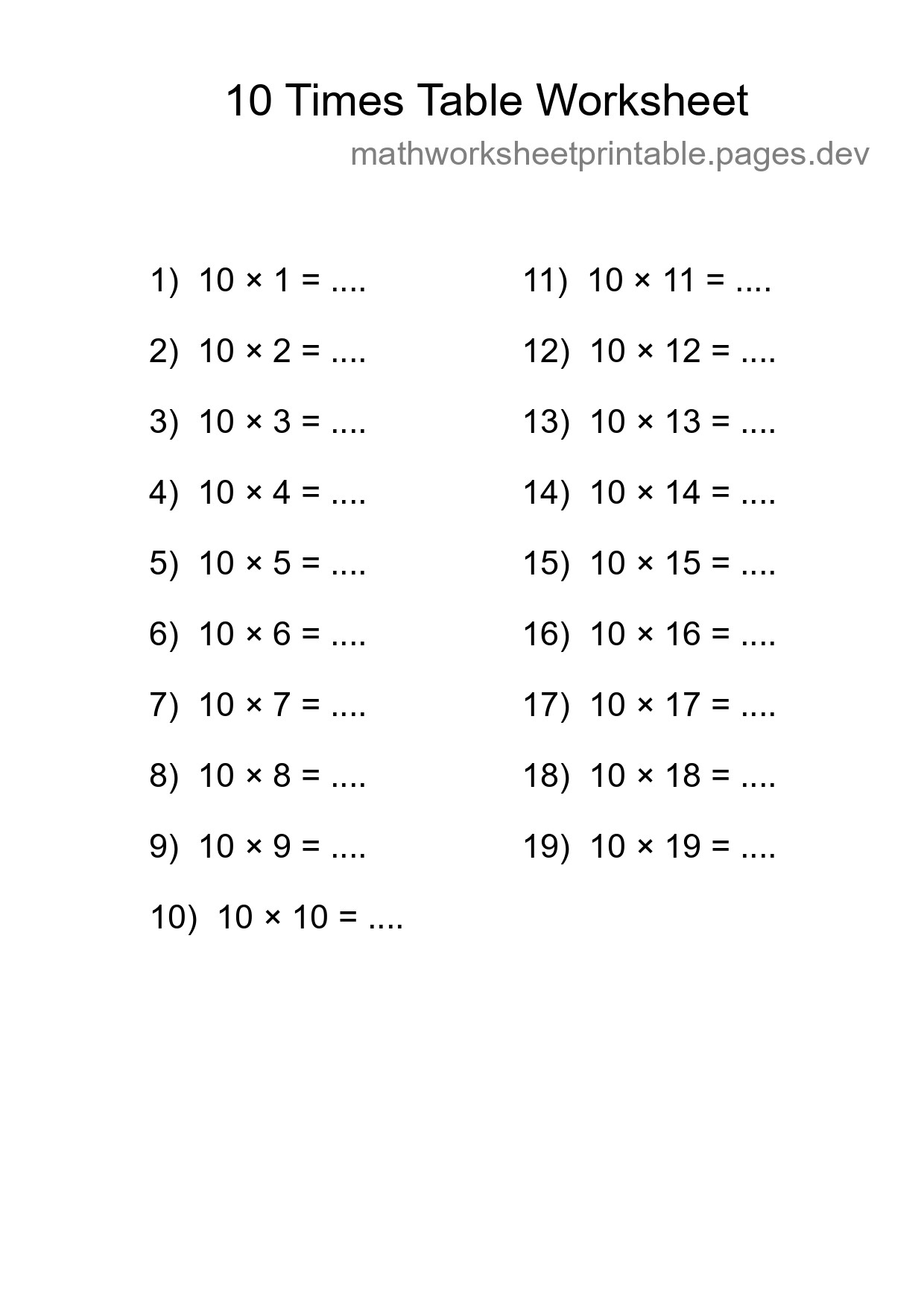 Printable 10 Times Table Worksheet For Grade 3 - Part 39