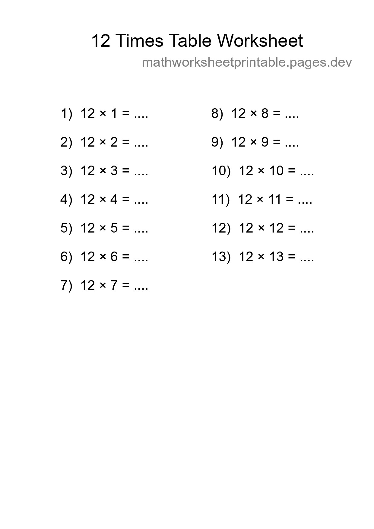 Printable 12 Times Table Worksheet For Grade 4 - Part 259