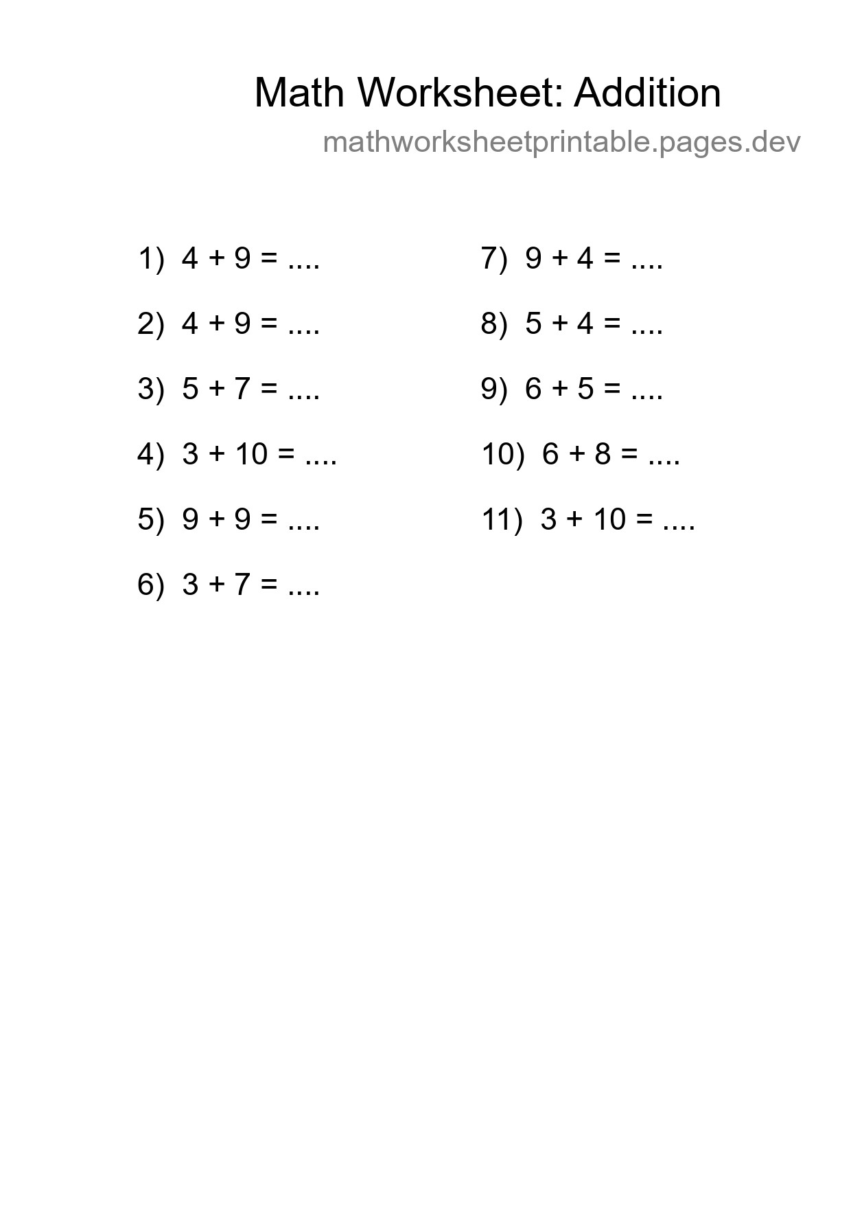 Printable Free 11 Addition Math Worksheet For Grade 1 - Part 241