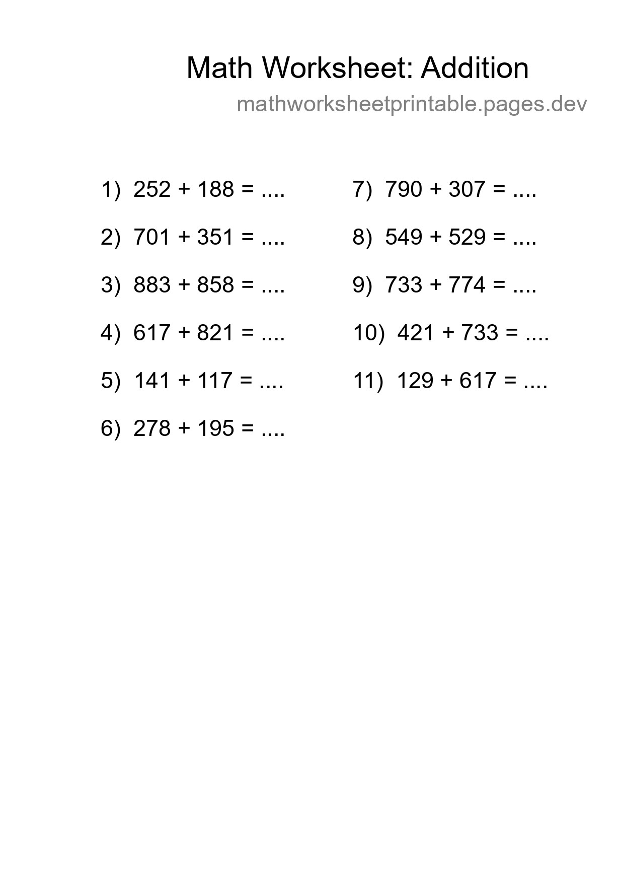 Printable Free 11 Addition Math Worksheet For Grade 5 - Part 171