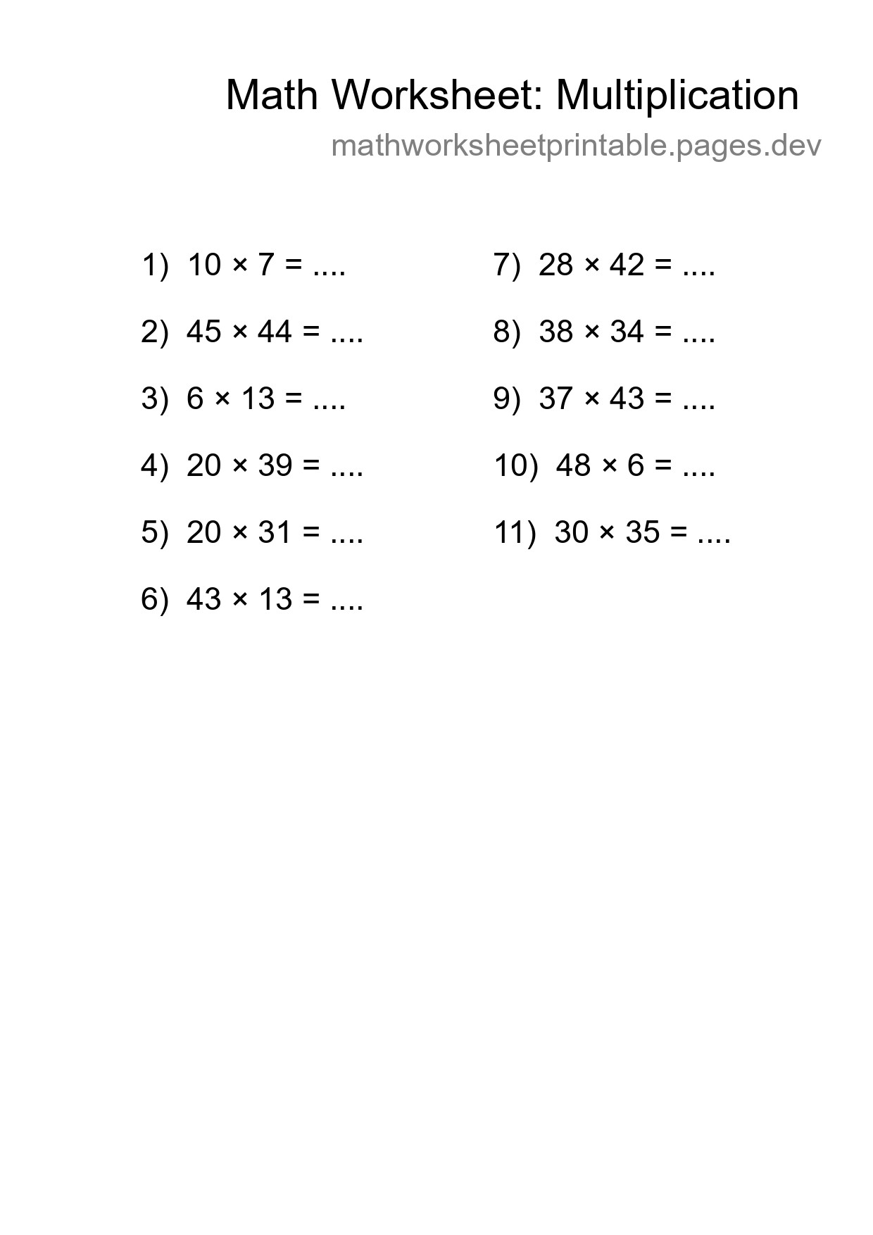 Printable Free 11 Multiplication Math Worksheet For Grade 2 - Part 7
