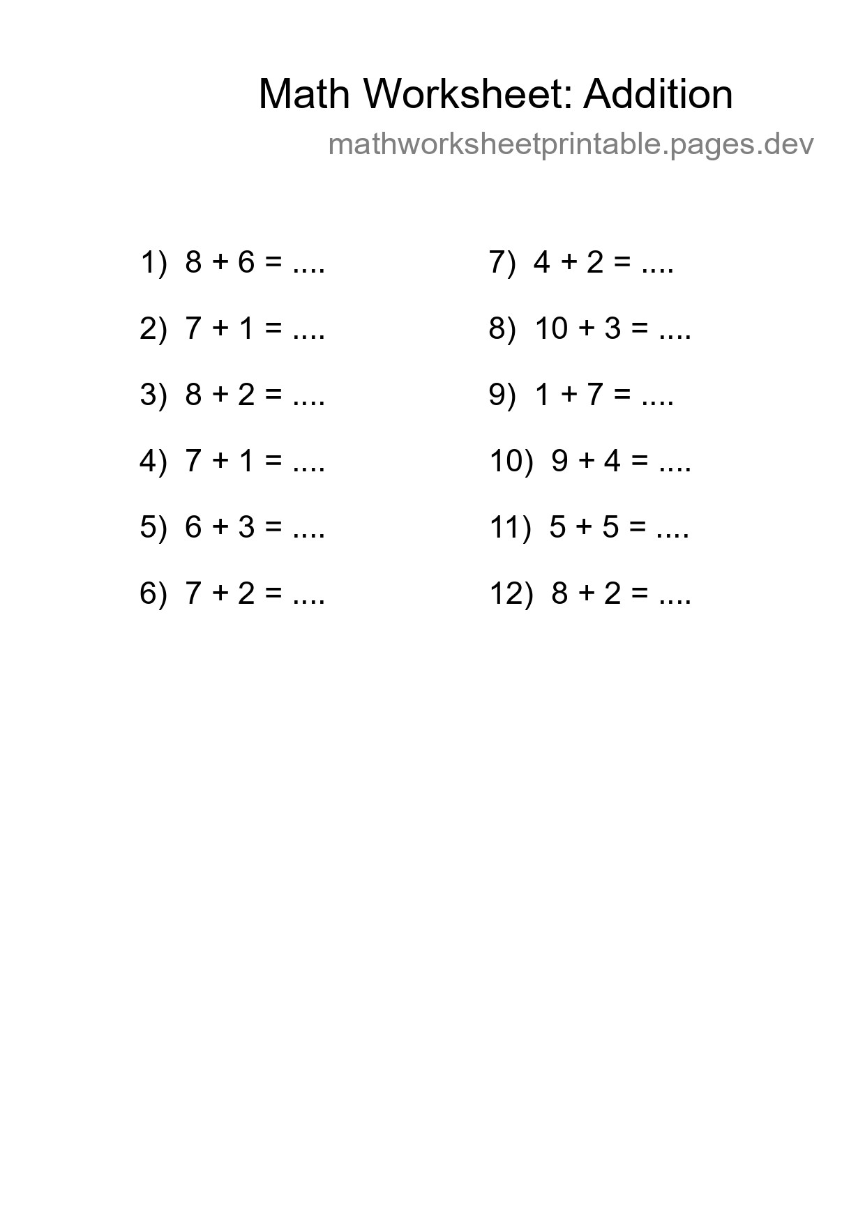 Printable Free 12 Addition Math Worksheet For Grade 1 - Part 251