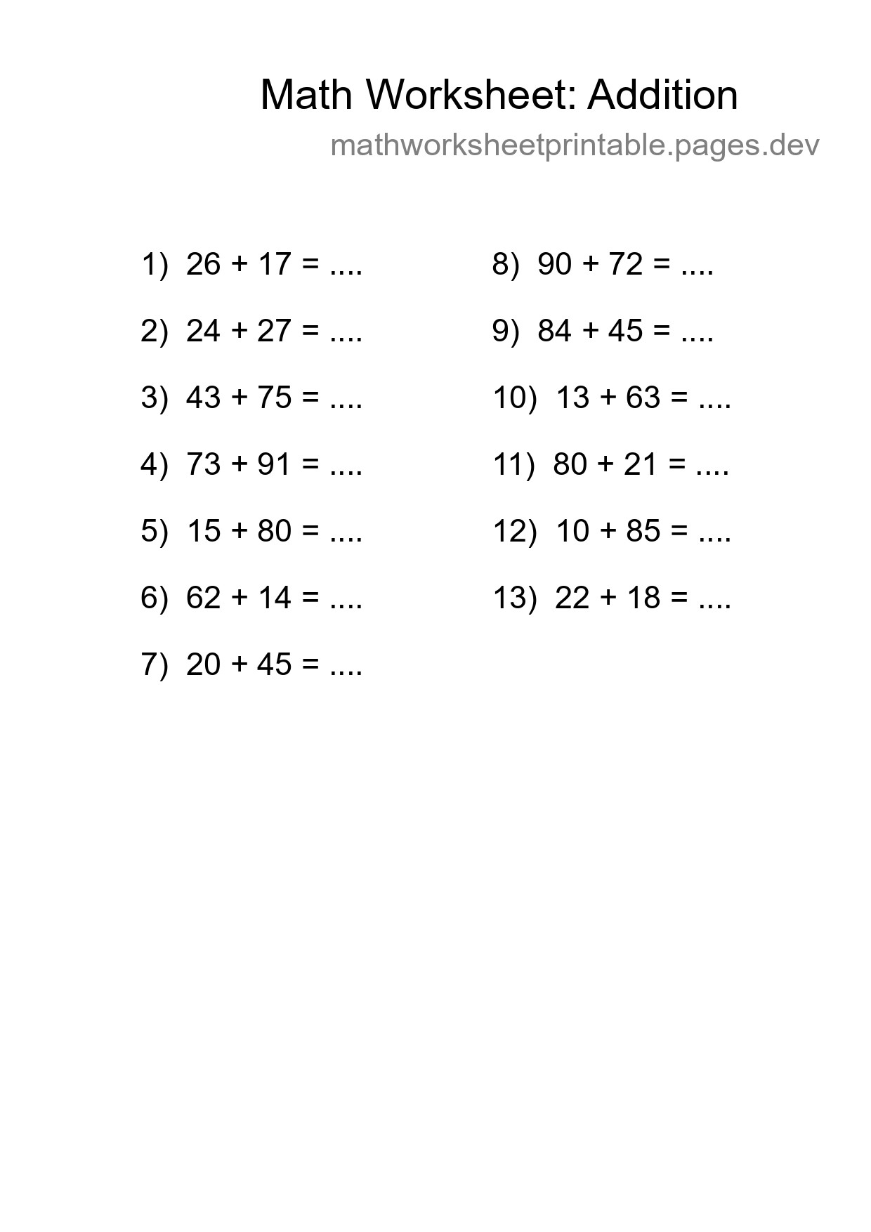 Printable Free 13 Addition Math Worksheet For Grade 3 - Part 141