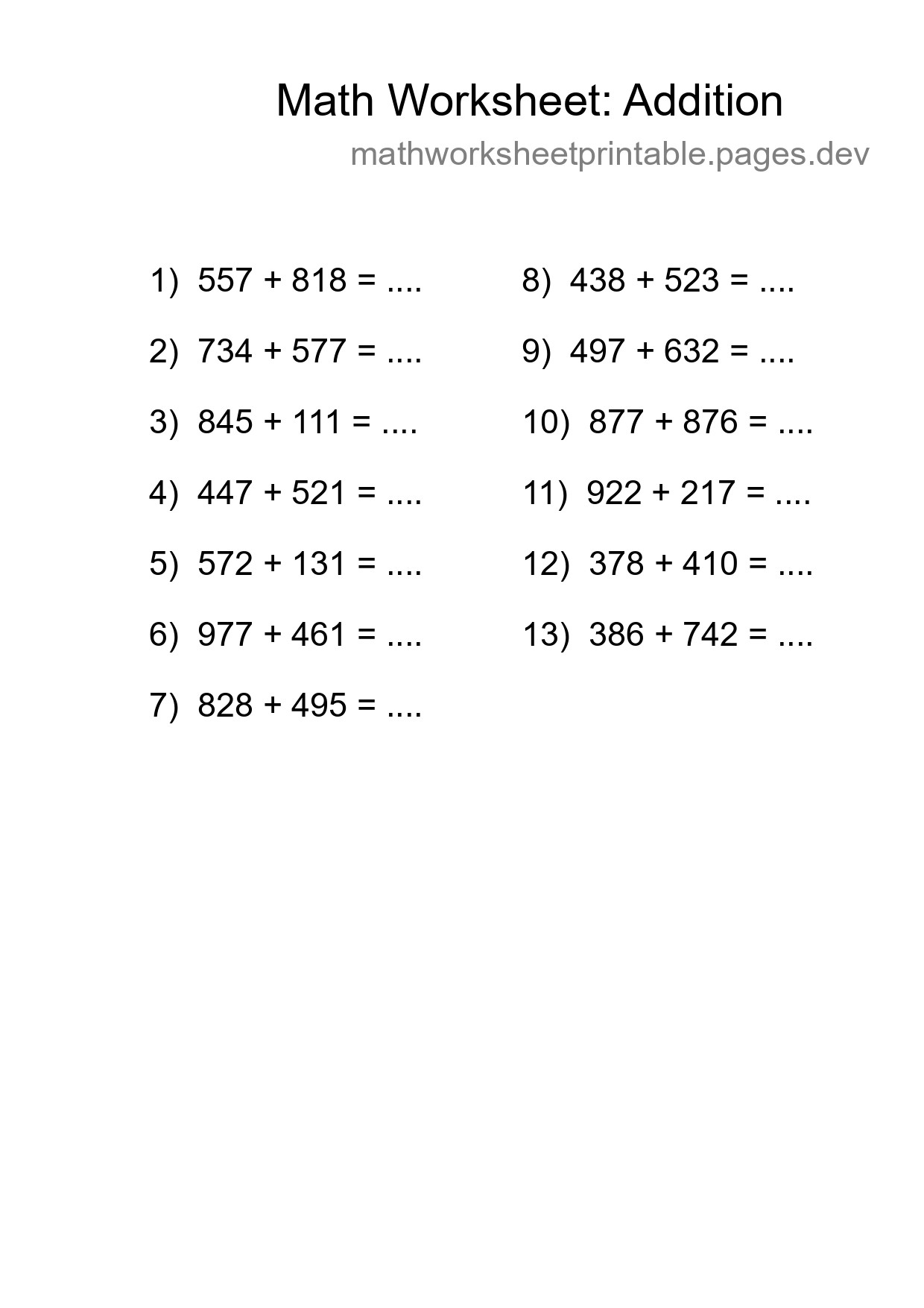 Printable Free 13 Addition Math Worksheet For Grade 5 - Part 21