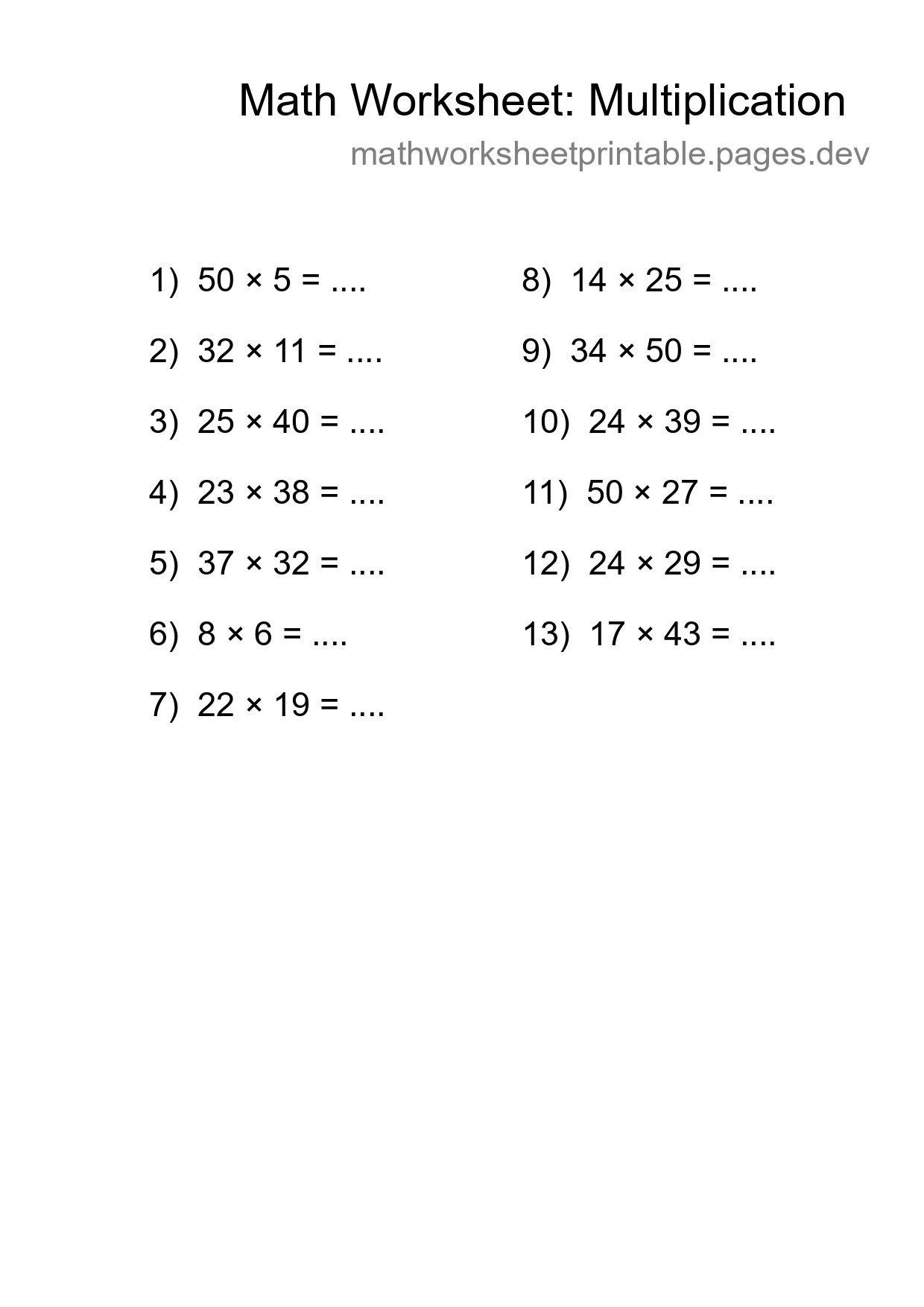 Printable Free 13 Multiplication Math Worksheet For Grade 2 - Part 197