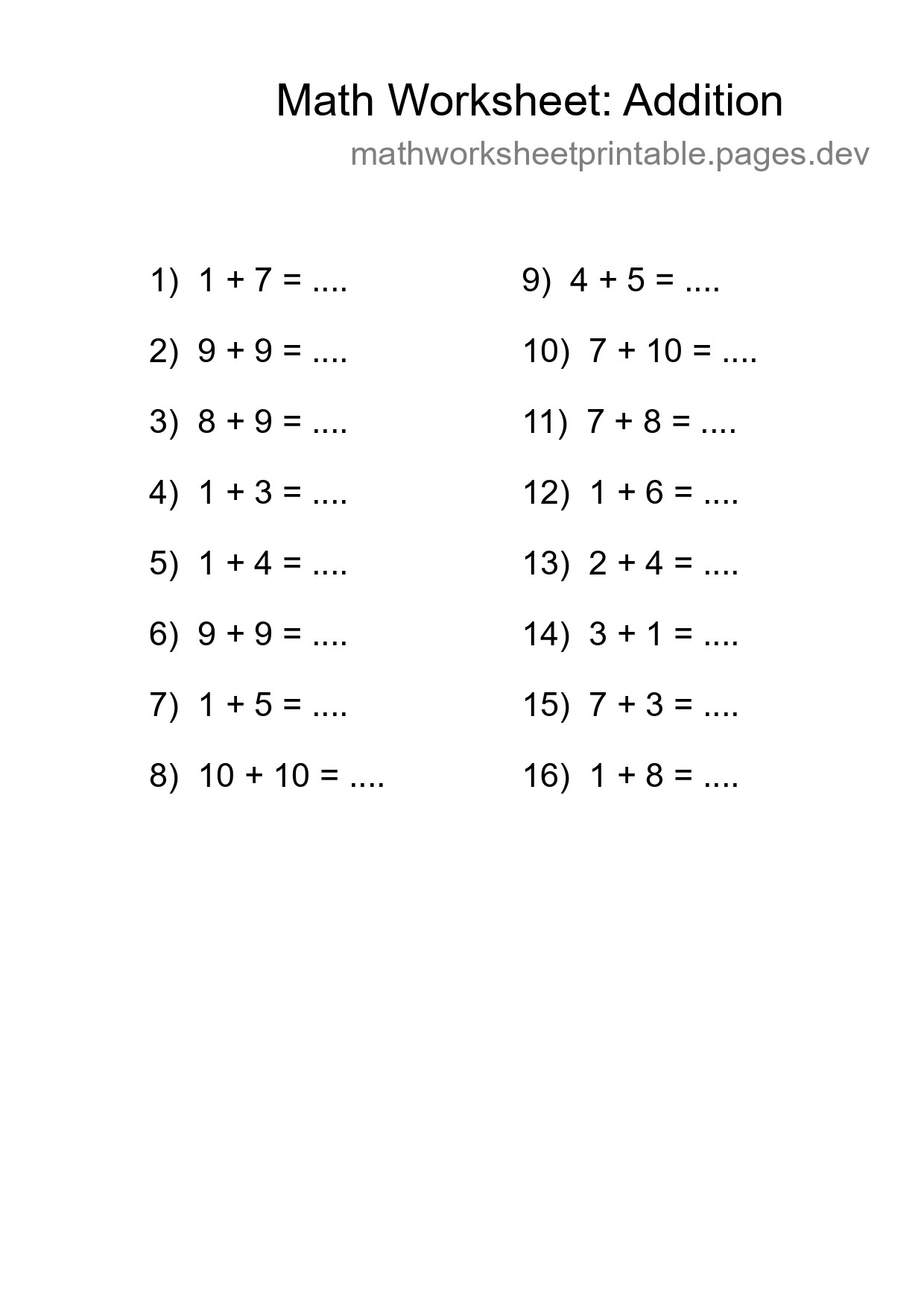 Printable Free 16 Addition Math Worksheet For Grade 1 - Part 291