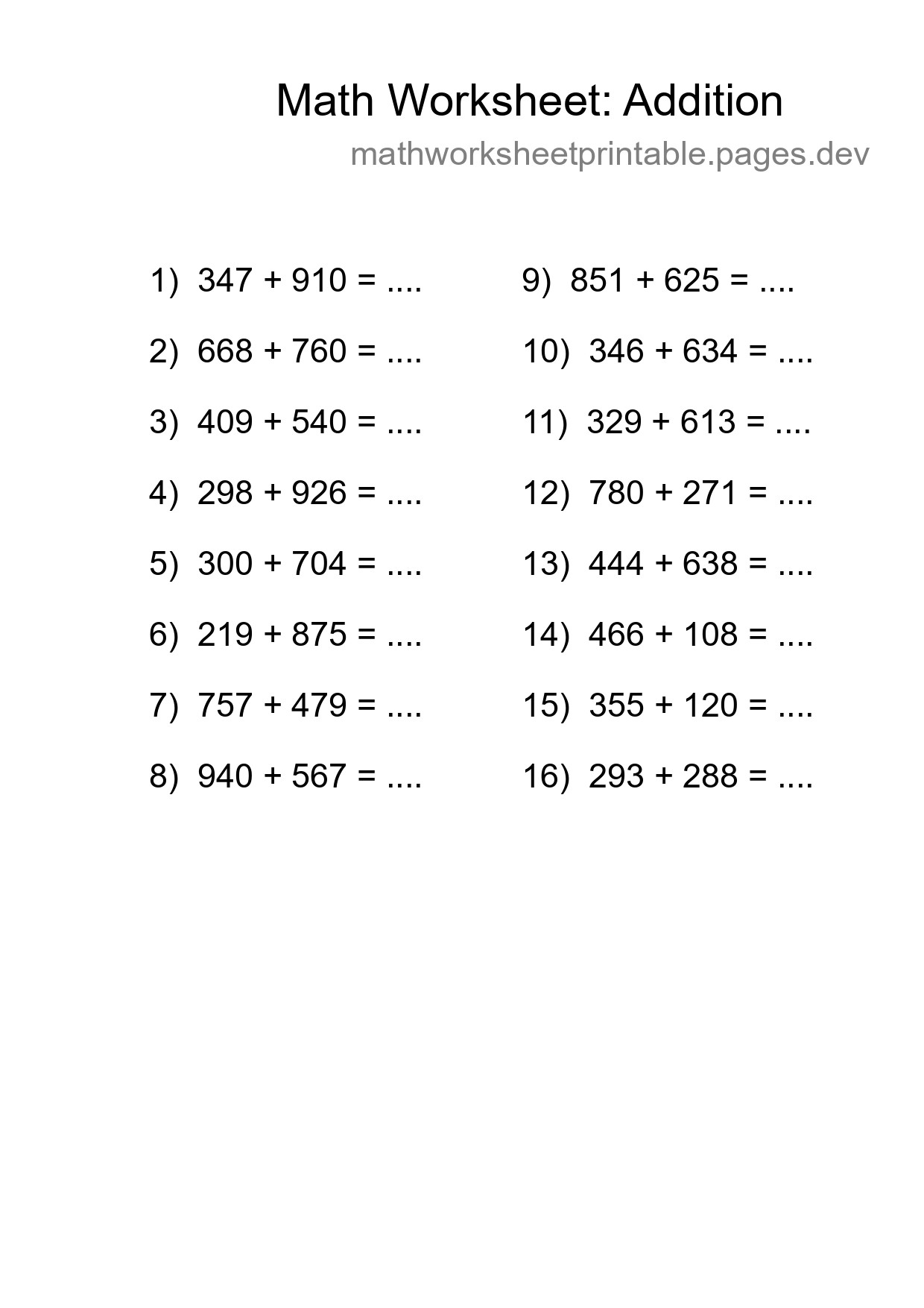 Printable Free 16 Addition Math Worksheet For Grade 5