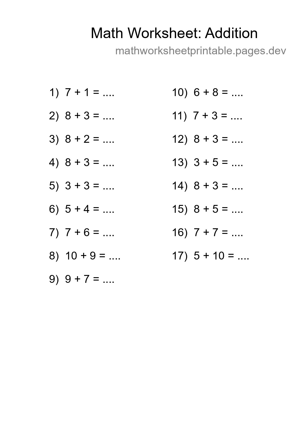 Printable Free 17 Addition Math Worksheet For Grade 1 - Part 221