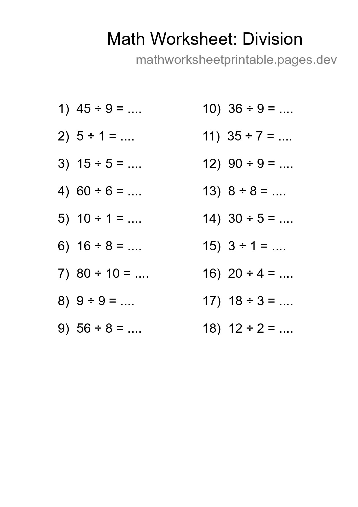 Printable Free 18 Division Math Worksheet For Grade 1 - Part 184