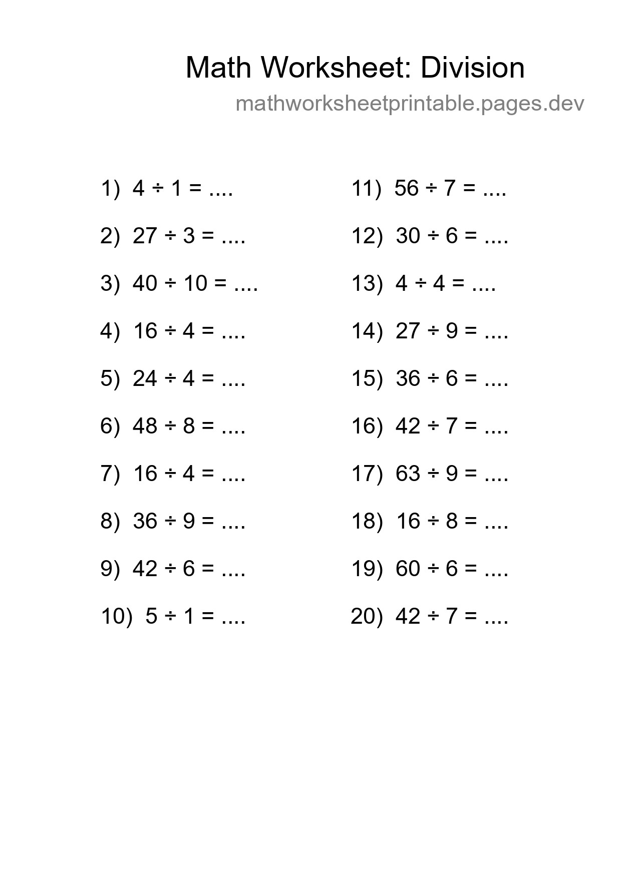 Printable Free 20 Division Math Worksheet For Grade 1 - Part 284