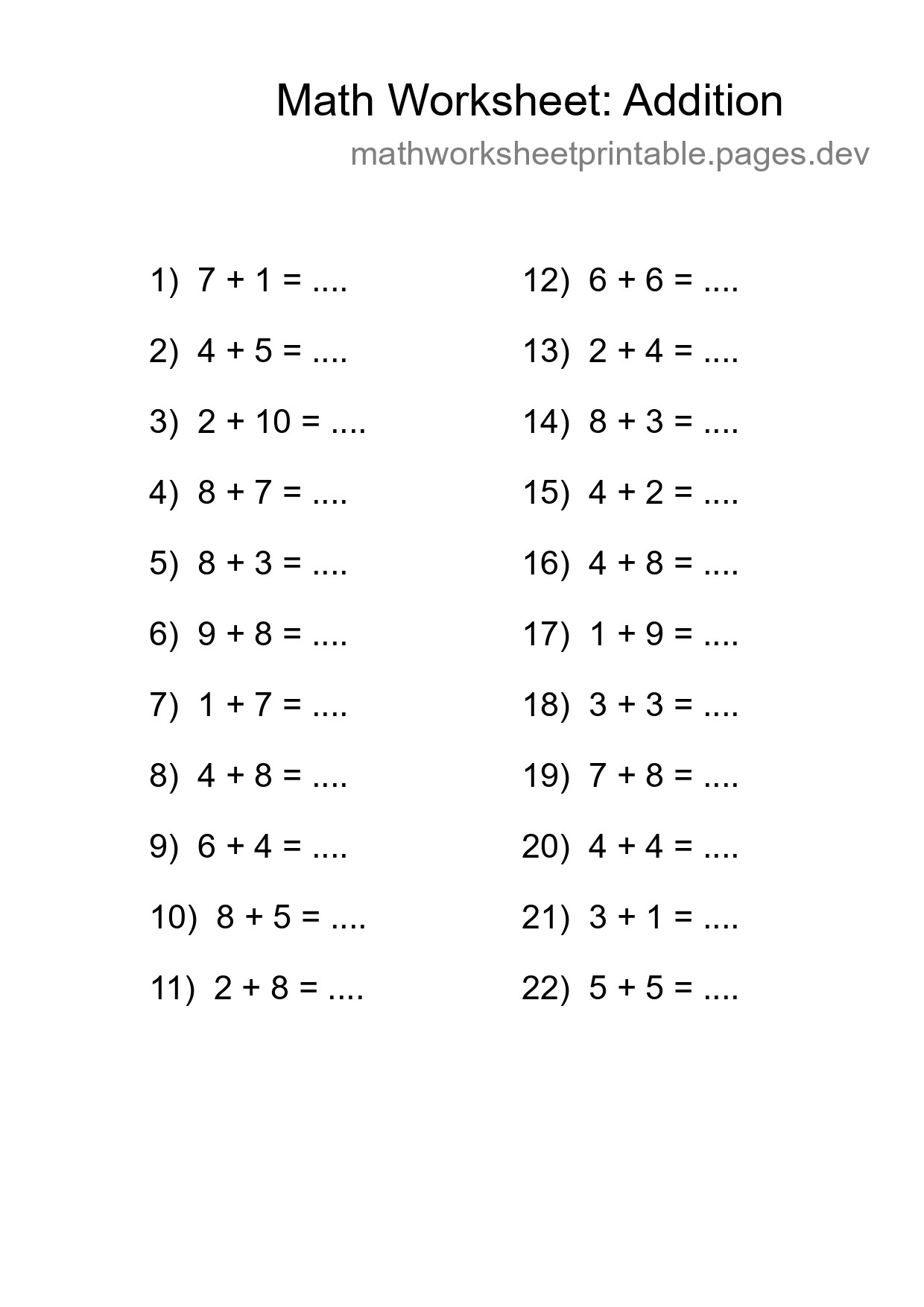 Printable Free 22 Addition Math Worksheet For Grade 1 - Part 11