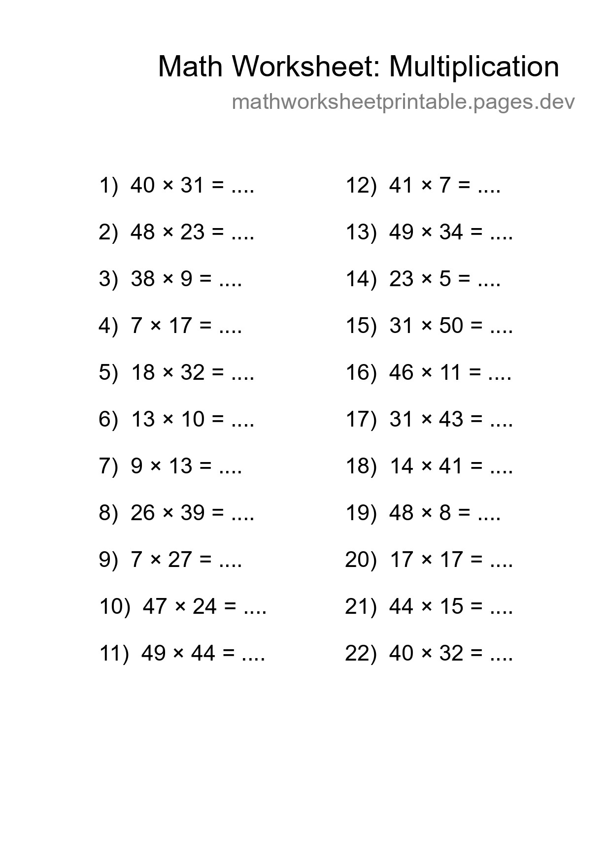 Printable Free 22 Multiplication Math Worksheet For Grade 2 - Part 147