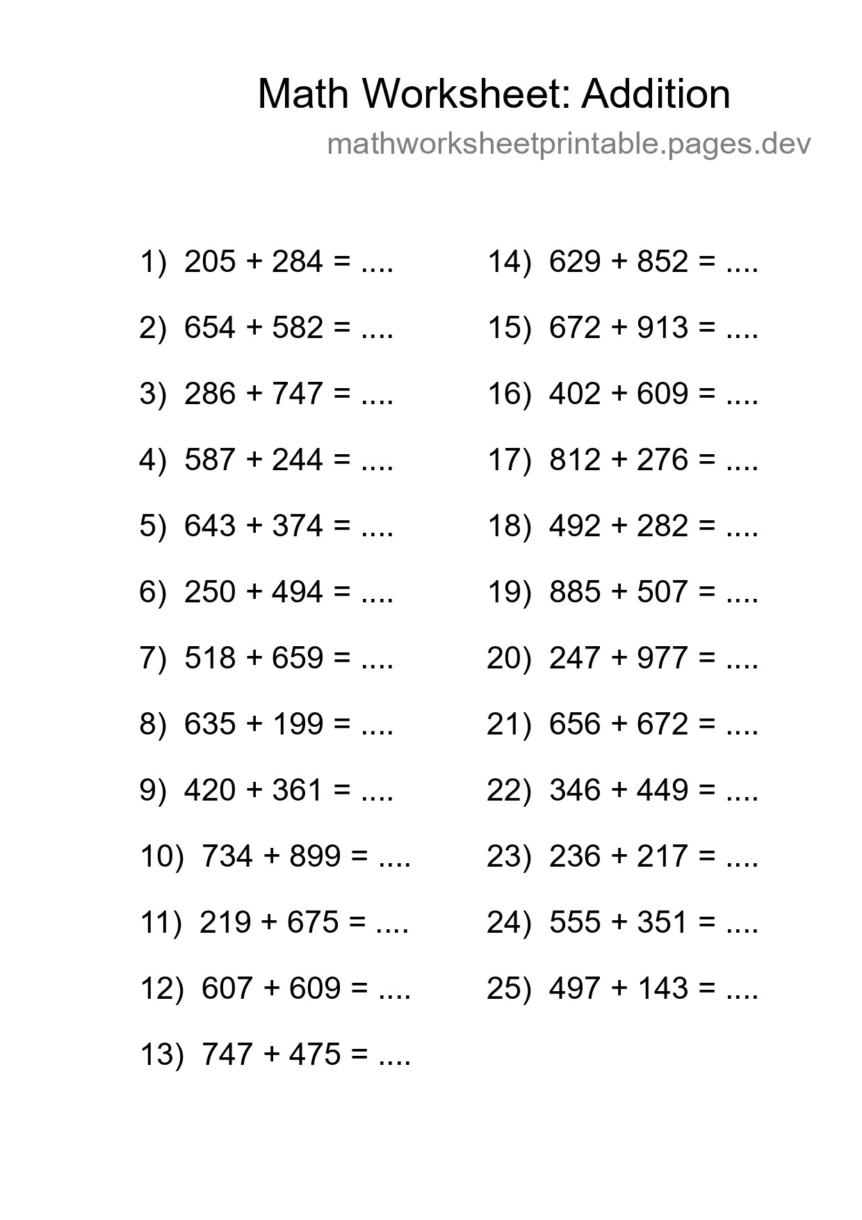 Printable Free 25 Addition Math Worksheet For Grade 5 - Part 121