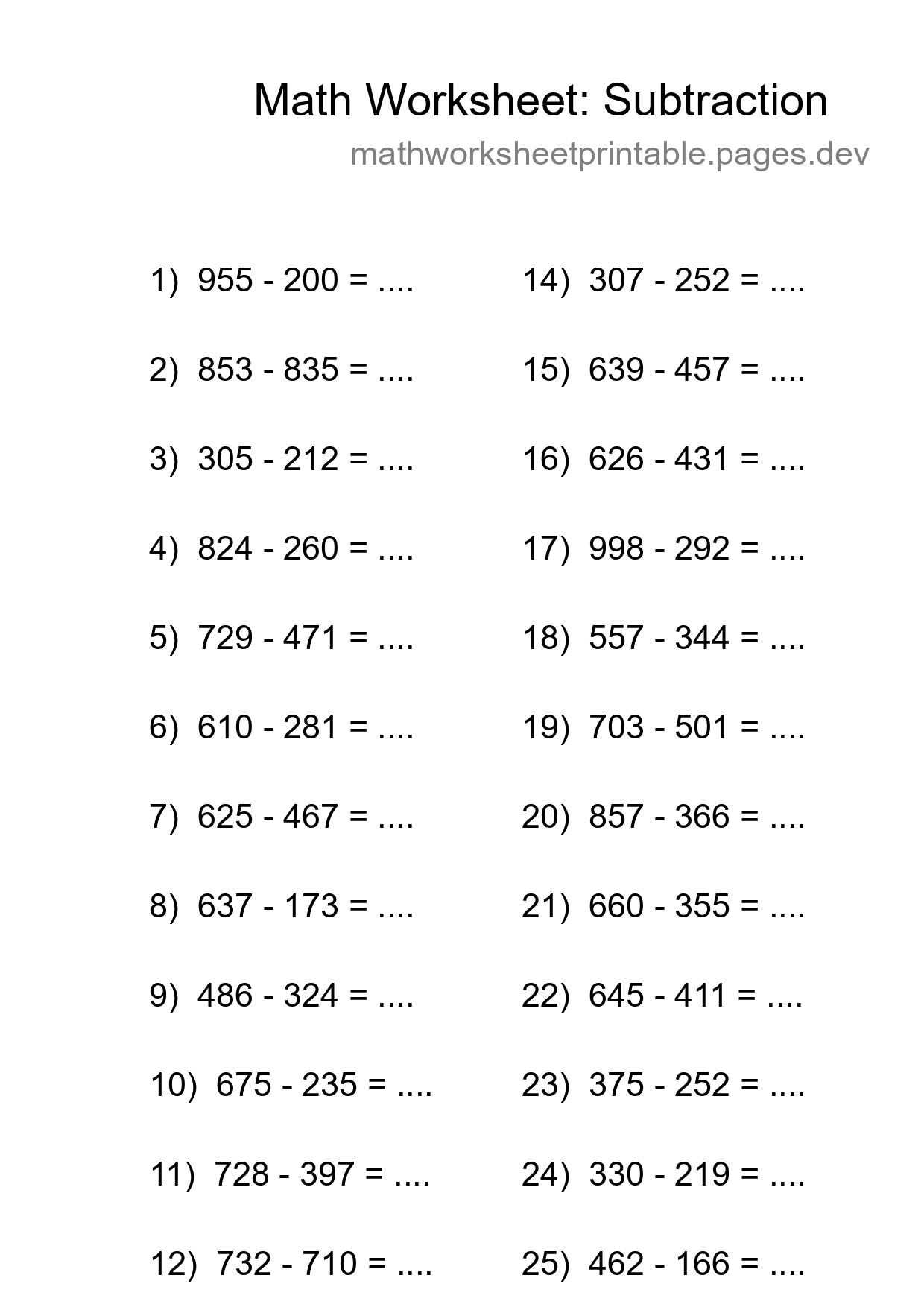 Printable Free 25 Subtraction Math Worksheet For Grade 5 - Part 198