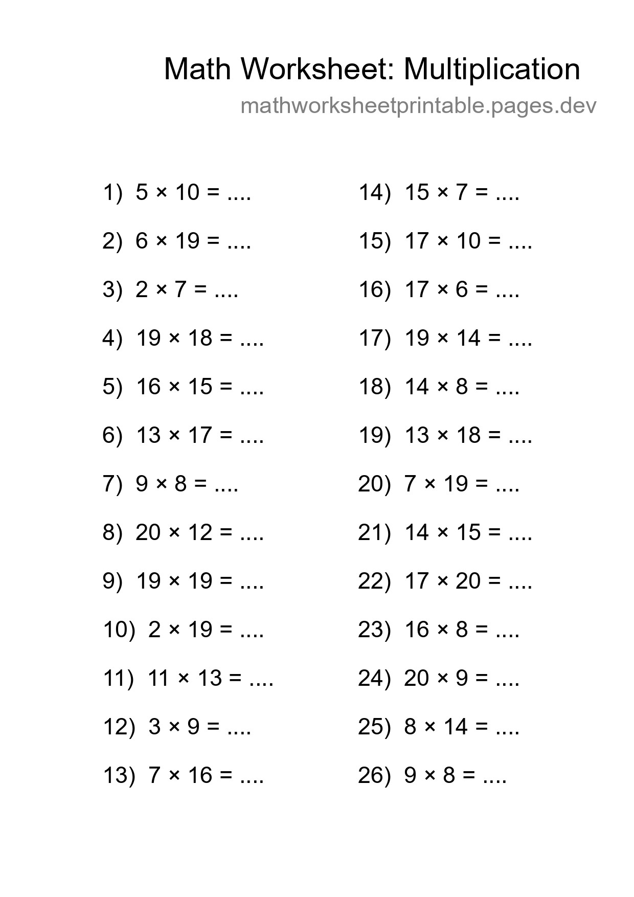 Printable Free 26 Multiplication Math Worksheet For Grade 2 - Part 37