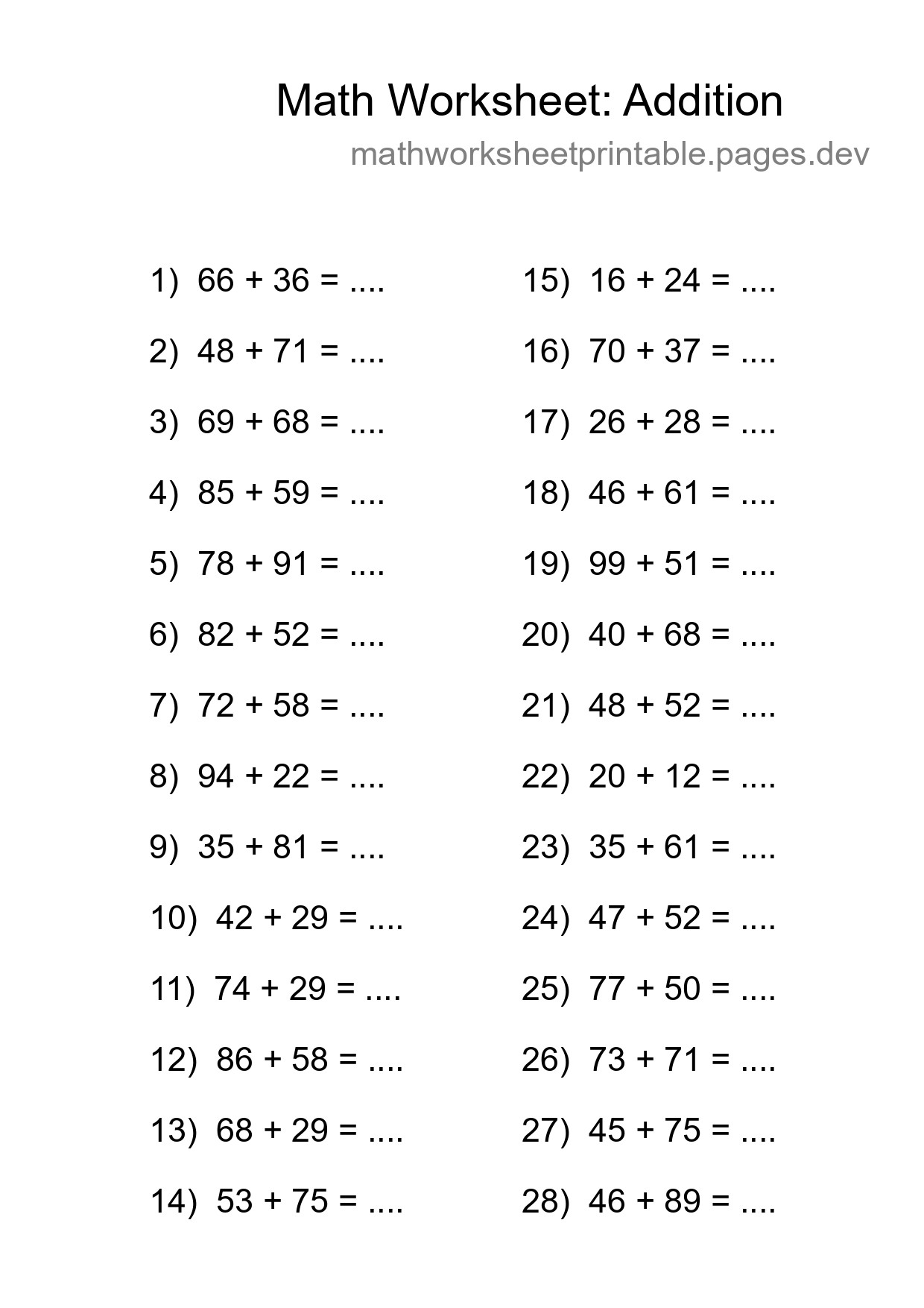 Printable Free 28 Addition Math Worksheet For Grade 3 - Part 201