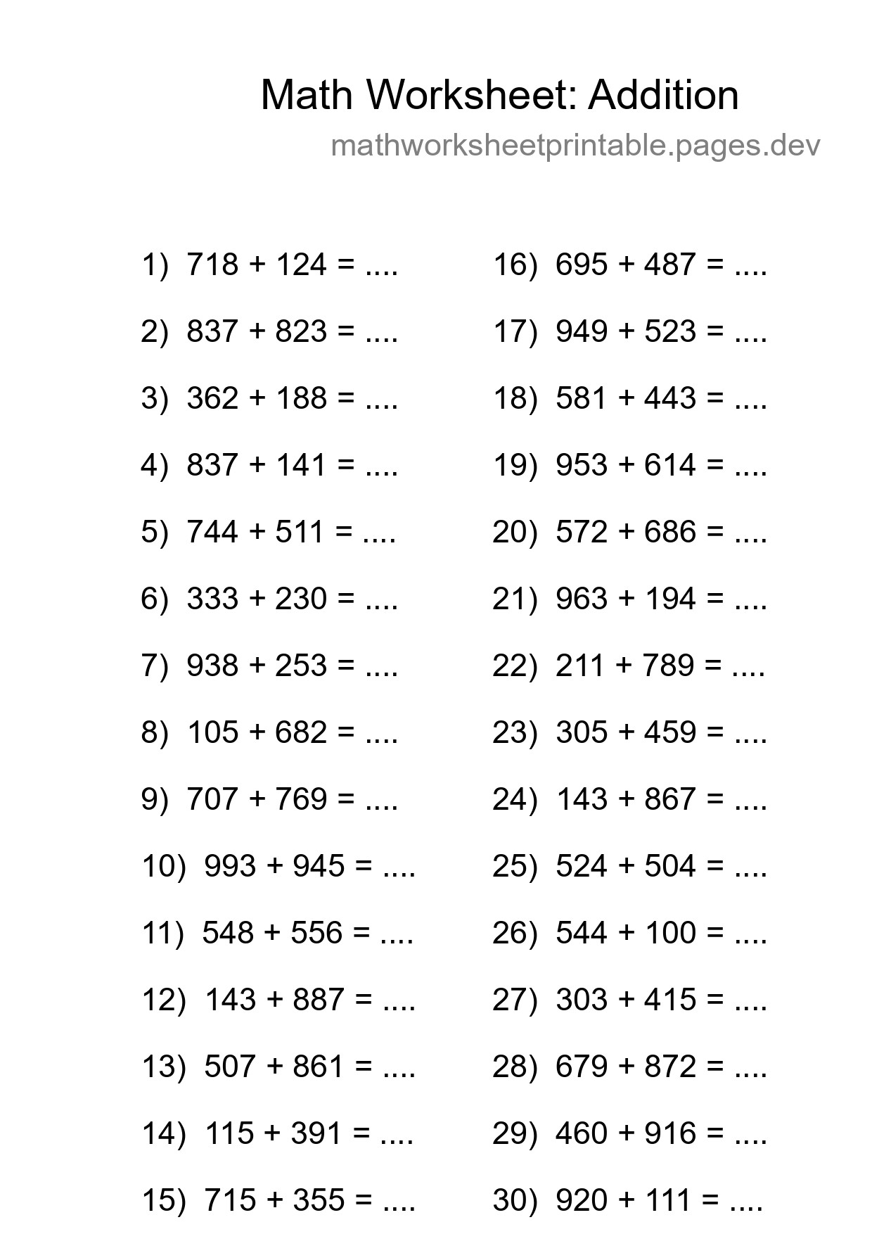 Printable Free 30 Addition Math Worksheet For Grade 5 - Part 161